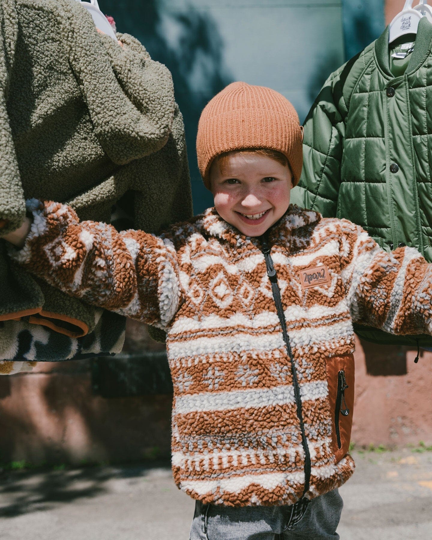 Reversible Mid-Season Sherpa Jacket Brown Aztec Pattern - Deux par Deux