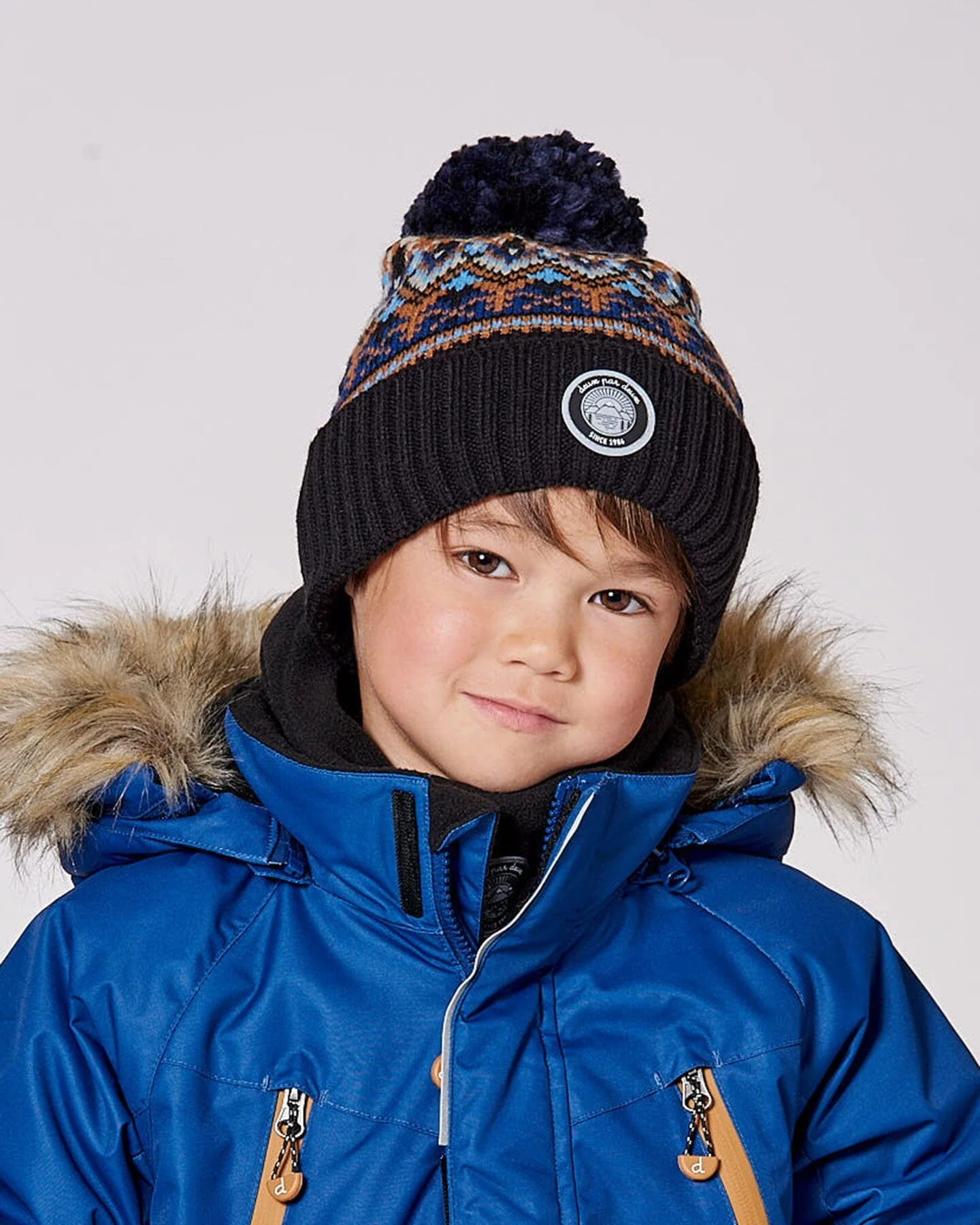 Lined Knit Winter Hat With Pompom Taupe And Navy - Deux par Deux