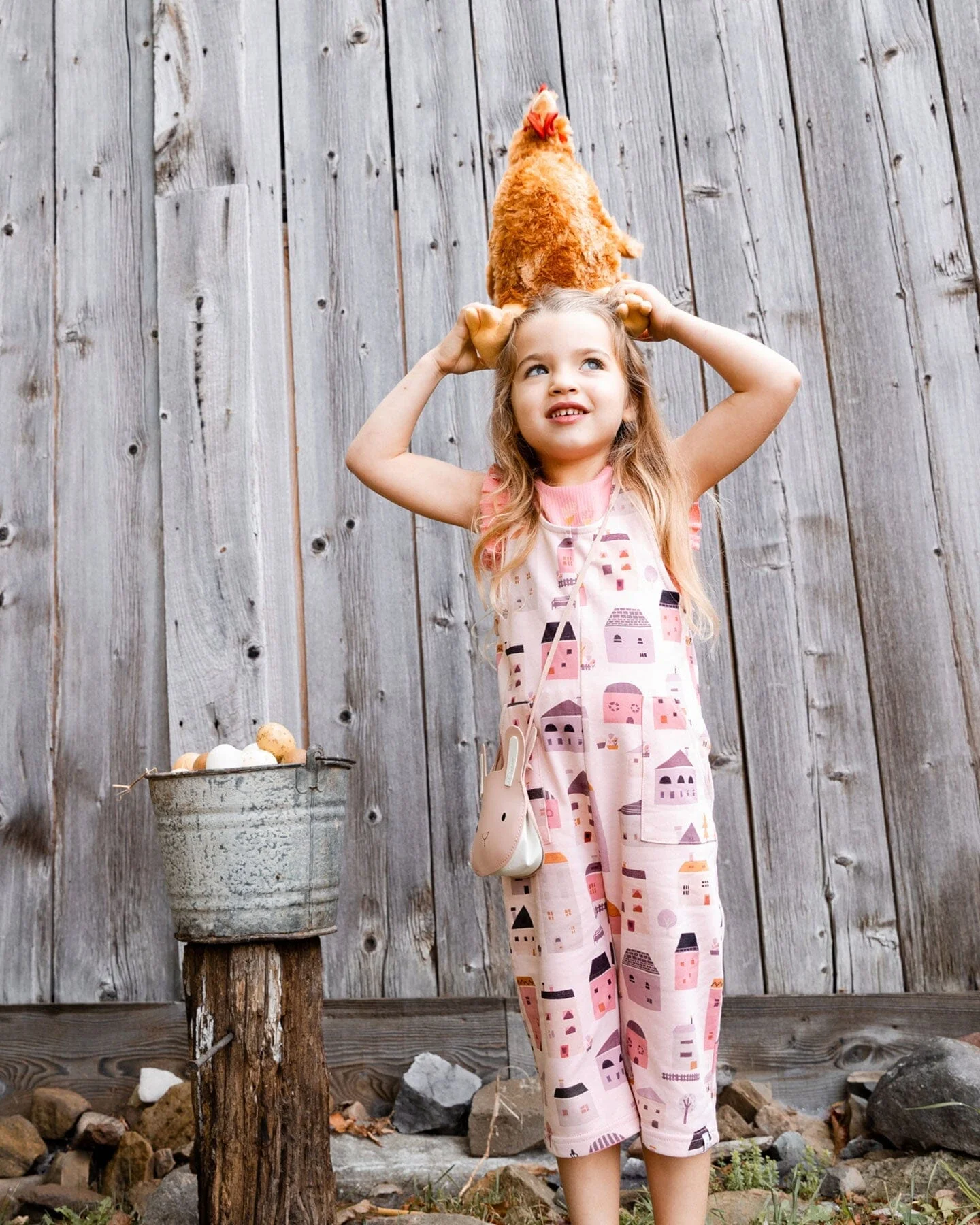 Printed French Terry Overalls Pink And Coral Houses - Deux par Deux