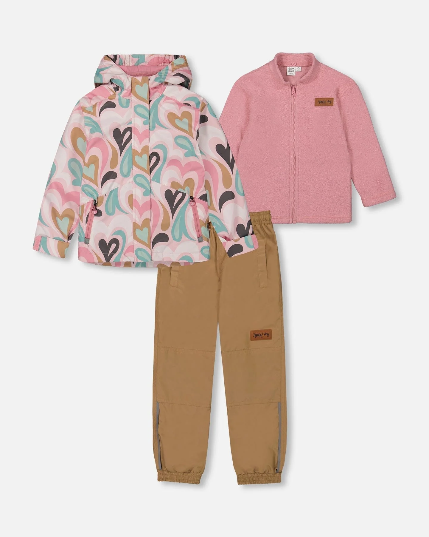 3-In-1 Mid-Season Outerwear Set With Printed Jacket Light Pink And Beige Pant - Deux par Deux