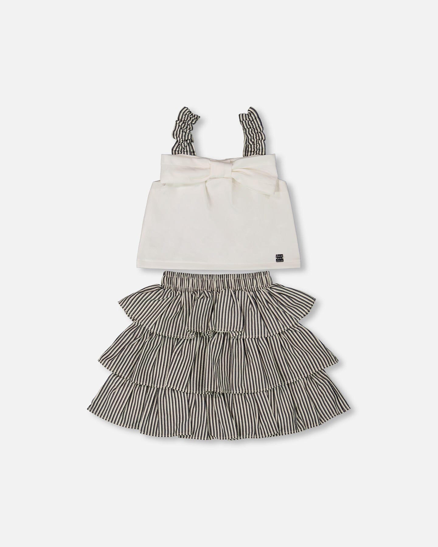Bow Top And Ruffled Skirt Set White And Black Striped - Deux par Deux