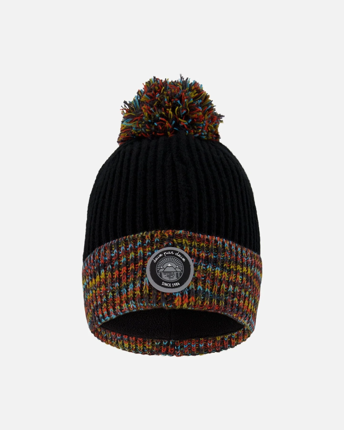 Lined Knit Winter Hat With Pompom Black And Multicolor - Deux par Deux