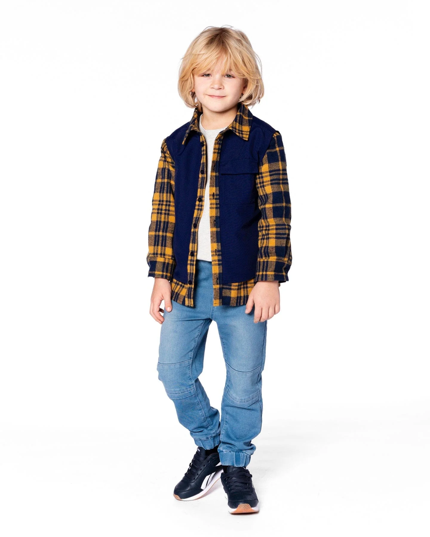 Long Sleeve Plaid Flannel Shirt With Solid Vest Blue And Ocher - Deux par Deux