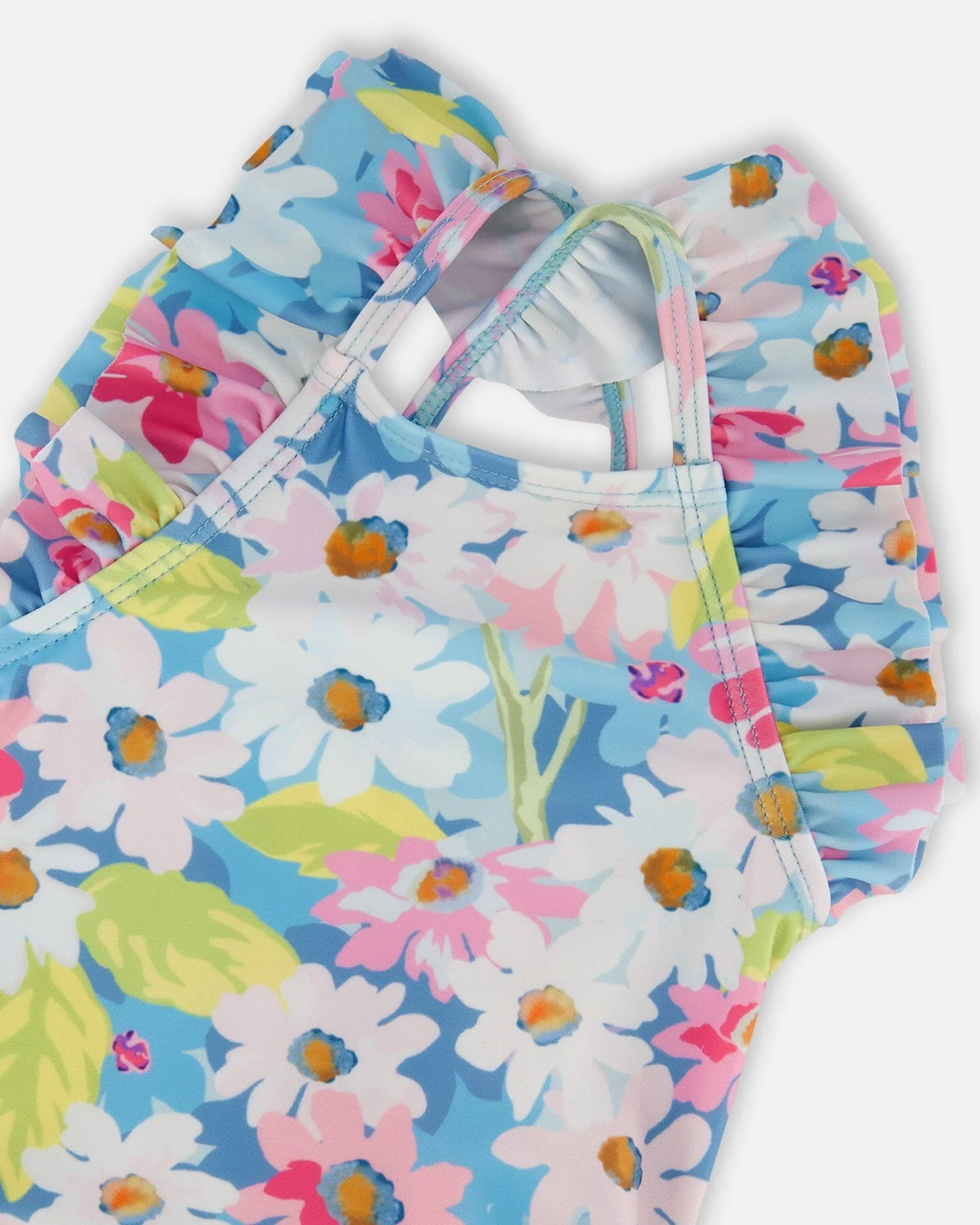 Printed One-Piece Swimsuit With Frills White, Pink, And Green Flowers - Deux par Deux