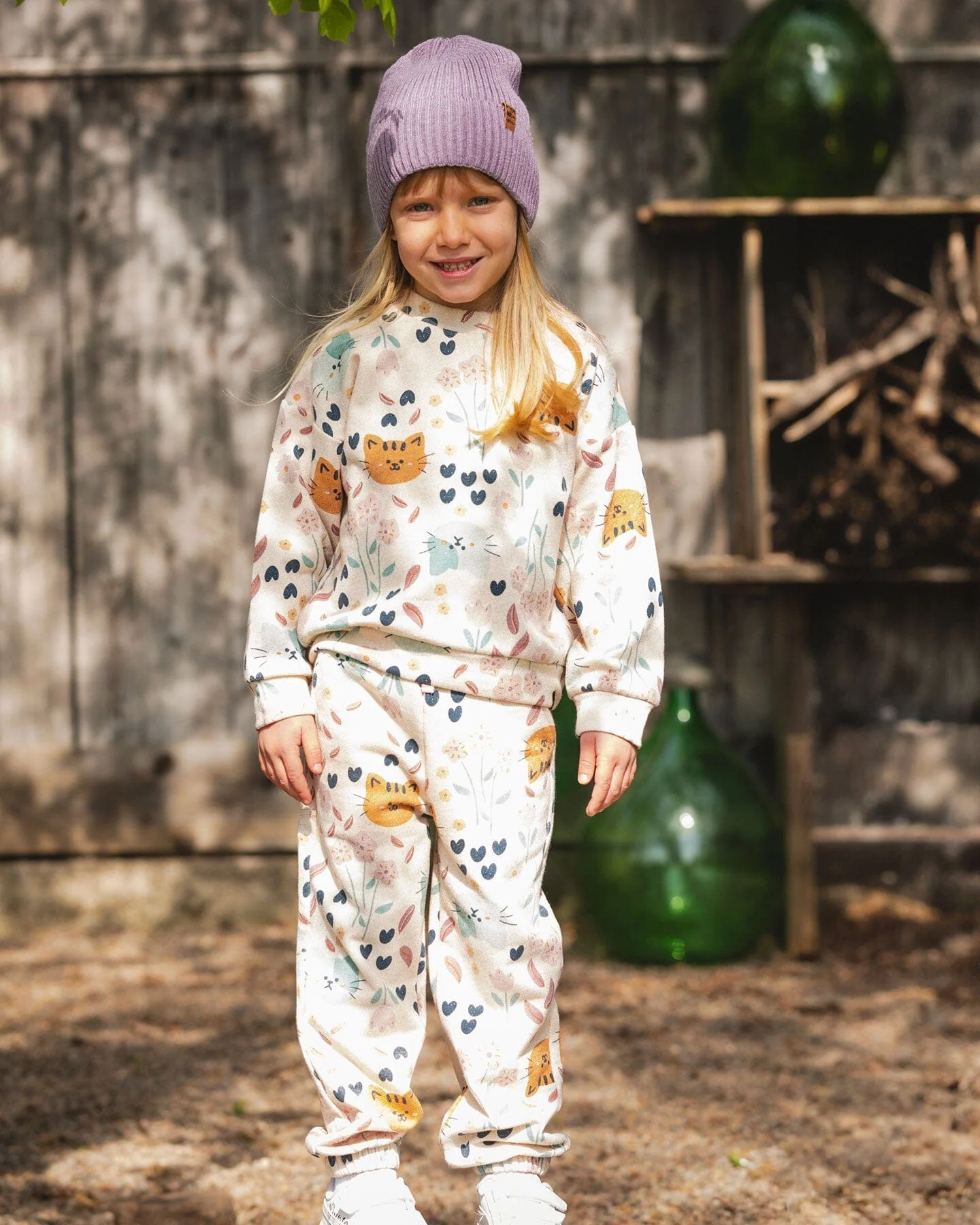 Glittering French Terry Sweatshirt Beige Cat Print - Deux par Deux