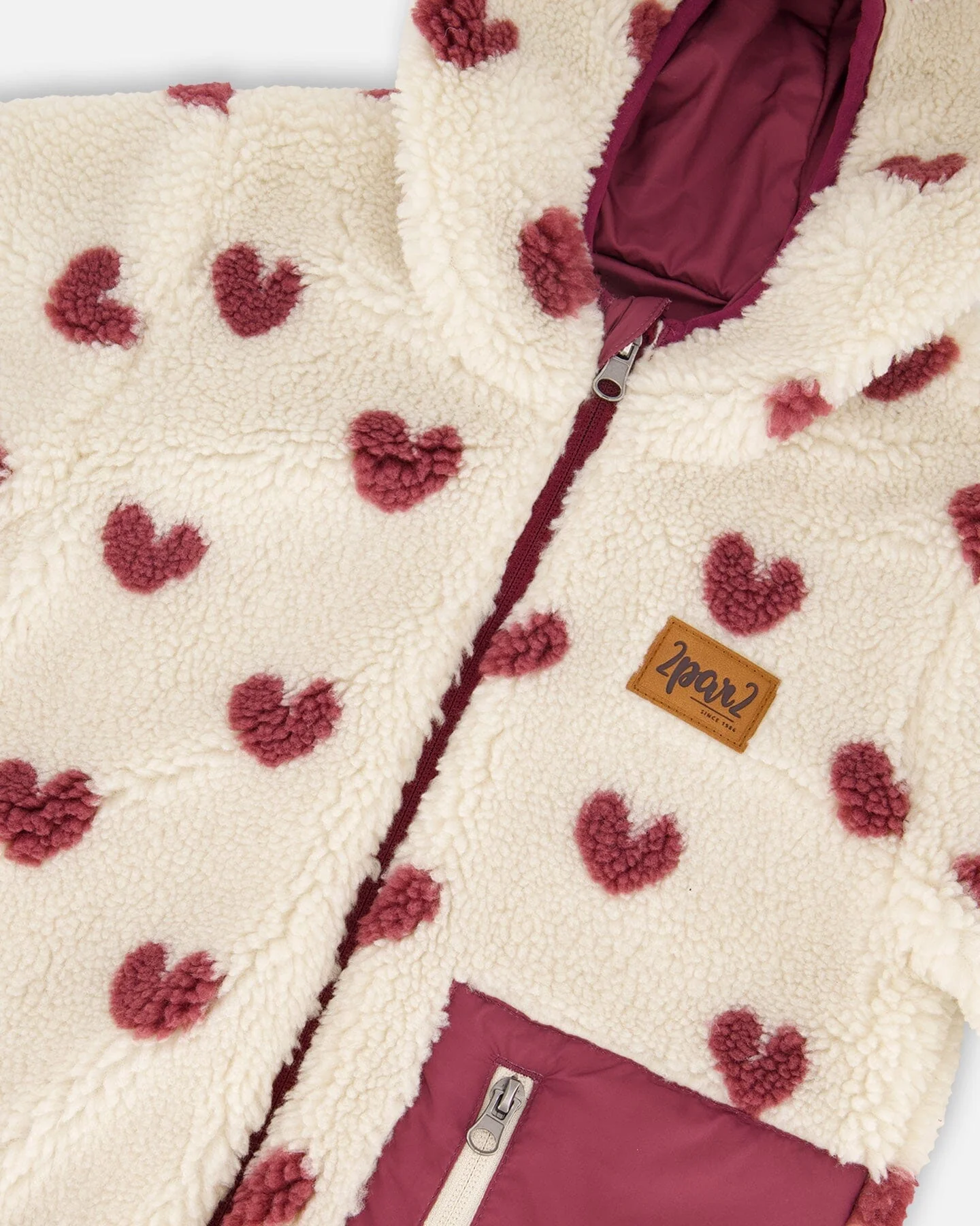 Reversible Mid-Season Sherpa Jacket Burgundy Heart - Deux par Deux