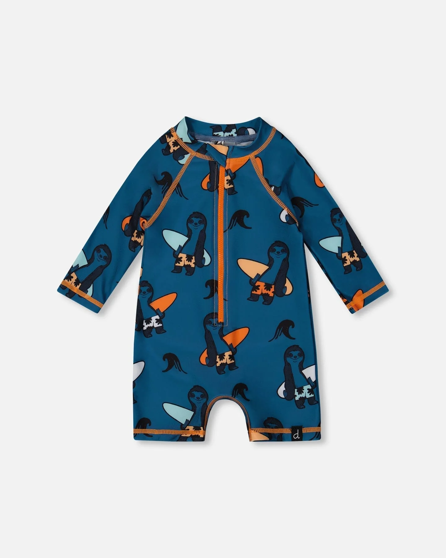 Printed Long Sleeve One-Piece Rashguard Orange Sloths On Navy Blue - Deux par Deux