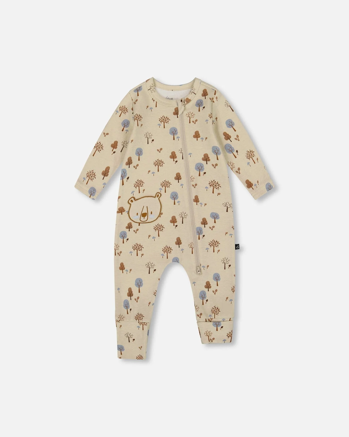 Organic Cotton Zipped Romper Beige Tree Print - Deux par Deux