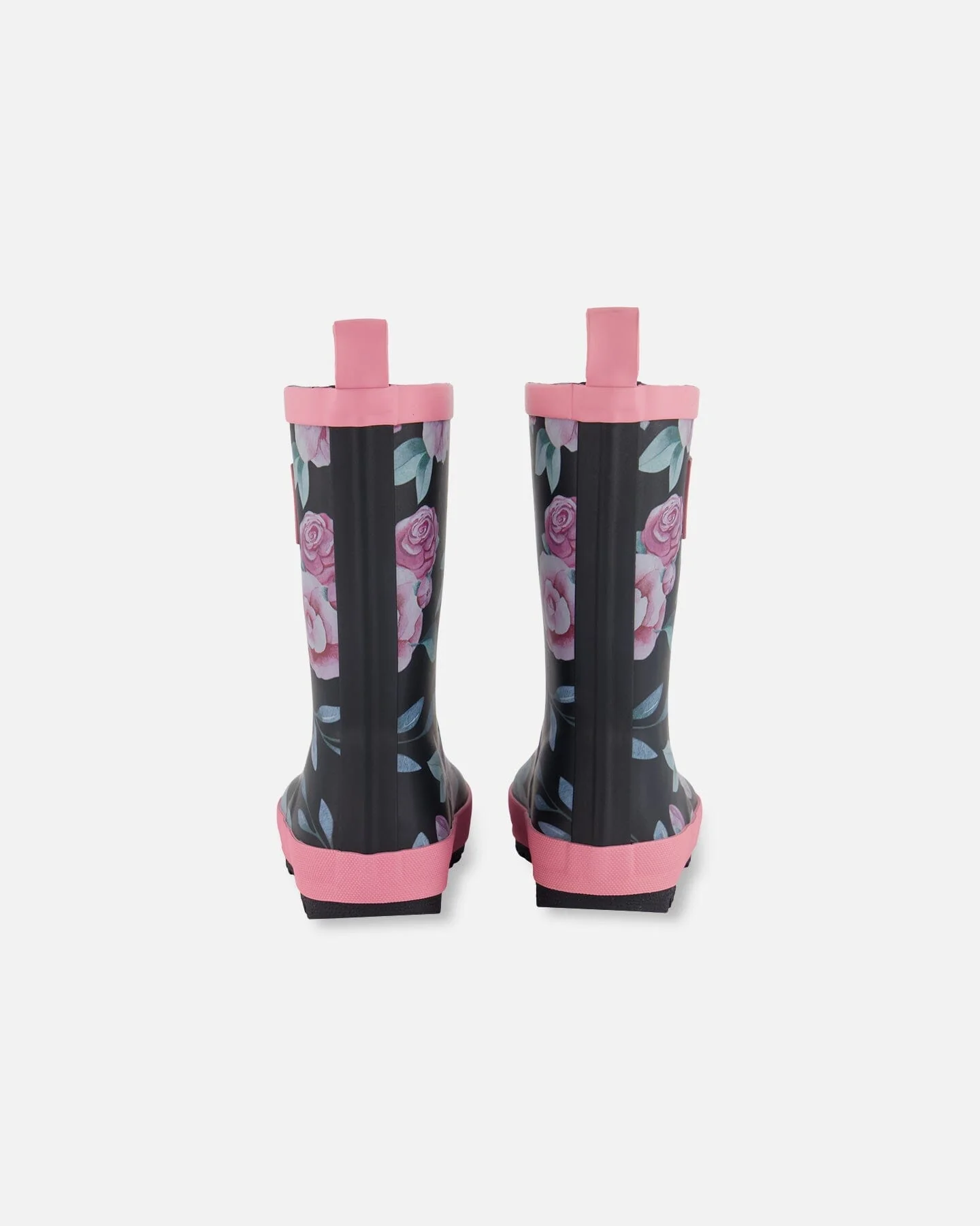Printed Rain Boots Pink, Black, And Flowers - Deux par Deux
