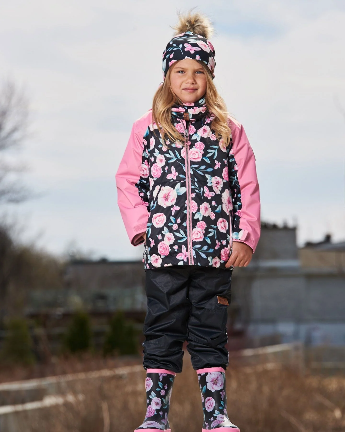 3-In-1 Mid-Season Outerwear Set With Printed Jacket Pink, Black, And Flowers - Deux par Deux