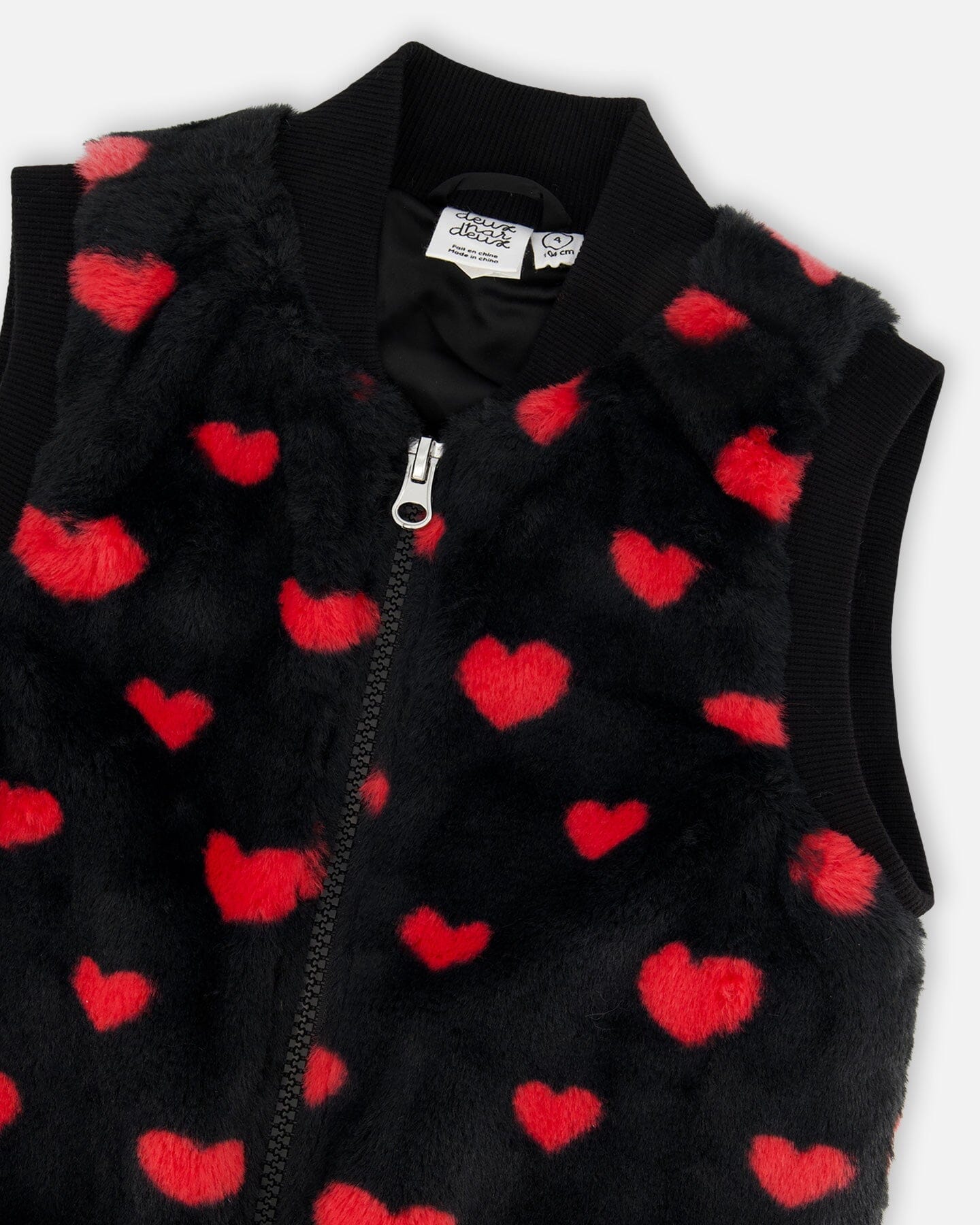Faux Fur Sleeveless Vest Black And Red With Hearts - Deux par Deux