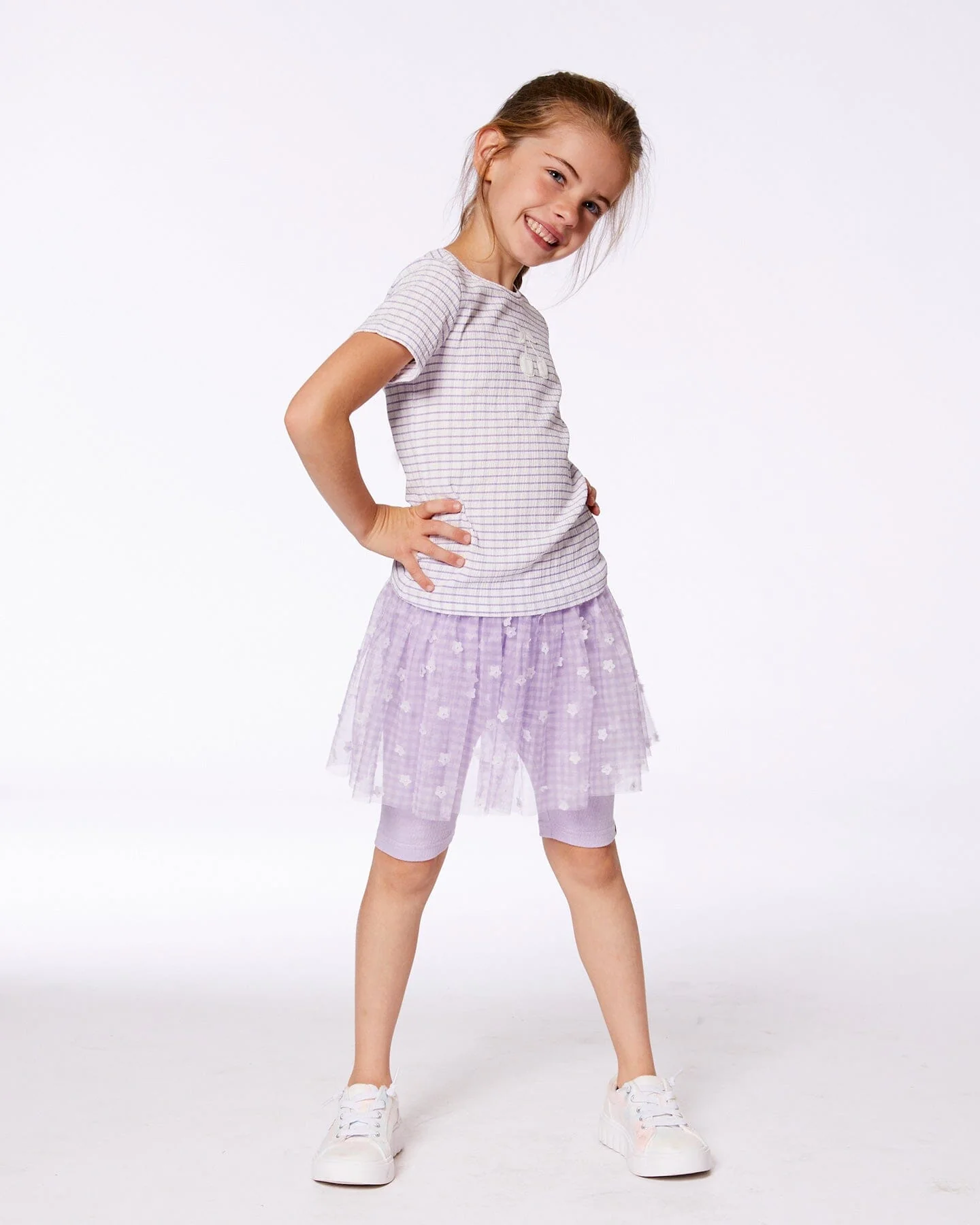 Crinkle Biker Short With Flower Mesh Skirt Lilac With White Flowers - Deux par Deux