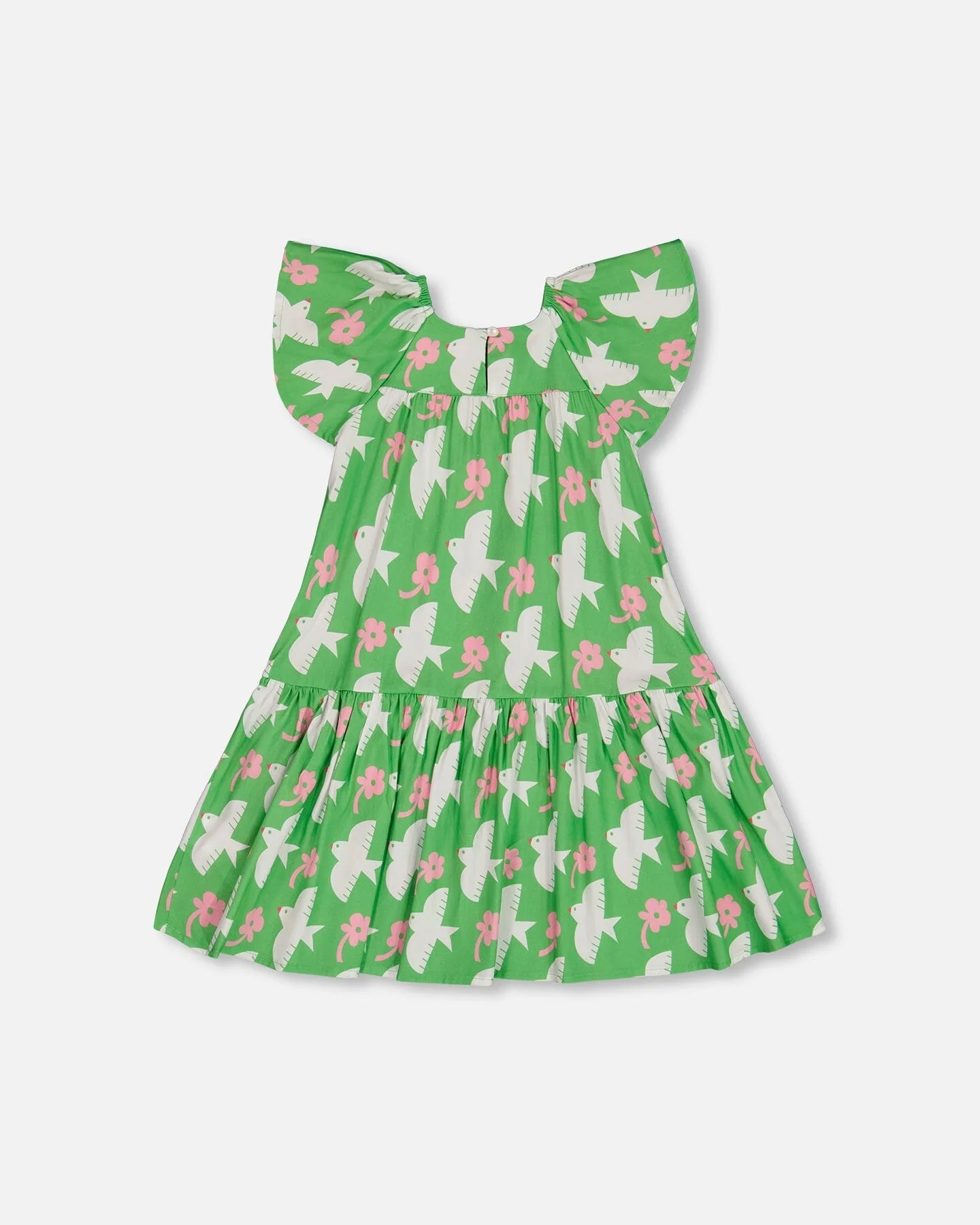 Printed Dress With Flounce Sleeves Green With White And Pink Bird - Deux par Deux