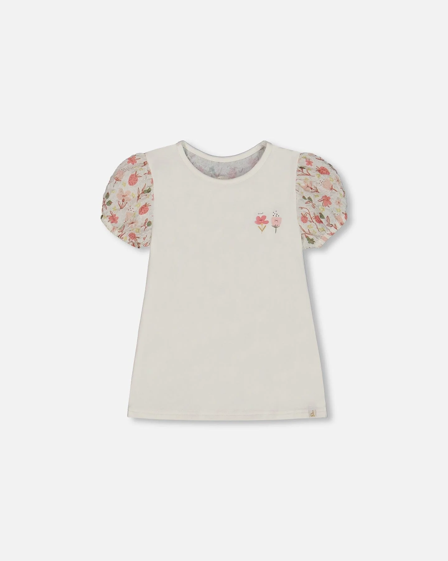 Bi-Material Organic Cotton Top With Puff Sleeve Pink Flowers On Cream Background - Deux par Deux