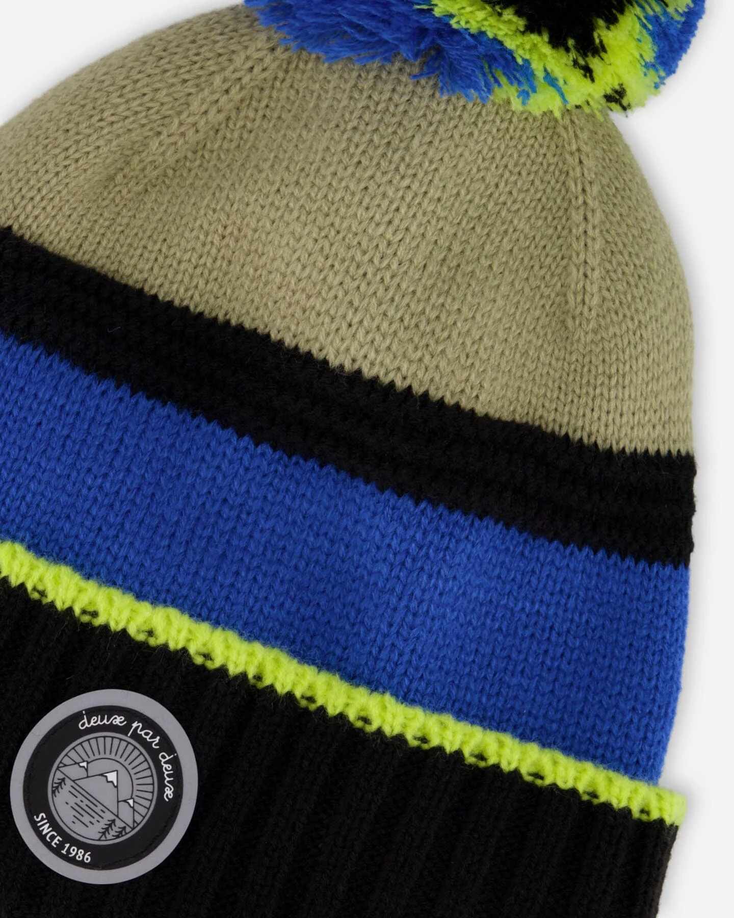 Lined Knit Pompom Hat Black, Taupe And Lime Green - Deux par Deux