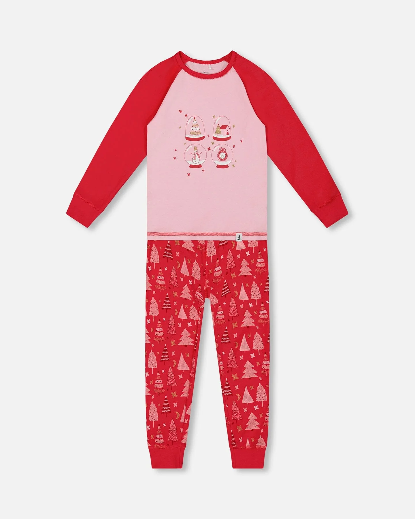 Organic Cotton Two Piece Pajama Set Red Printed Christmas Tree - Deux par Deux