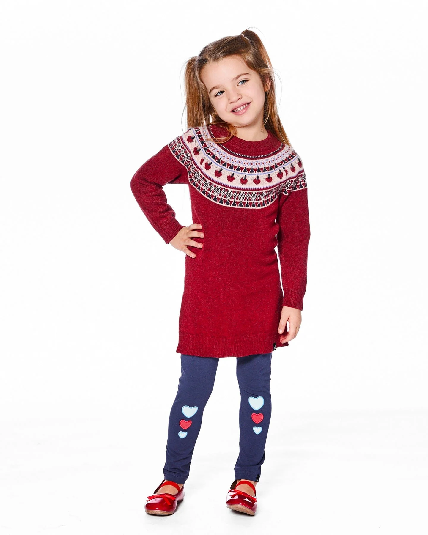 Knit Dress Red With Apple Jacquard Yoke - Deux par Deux