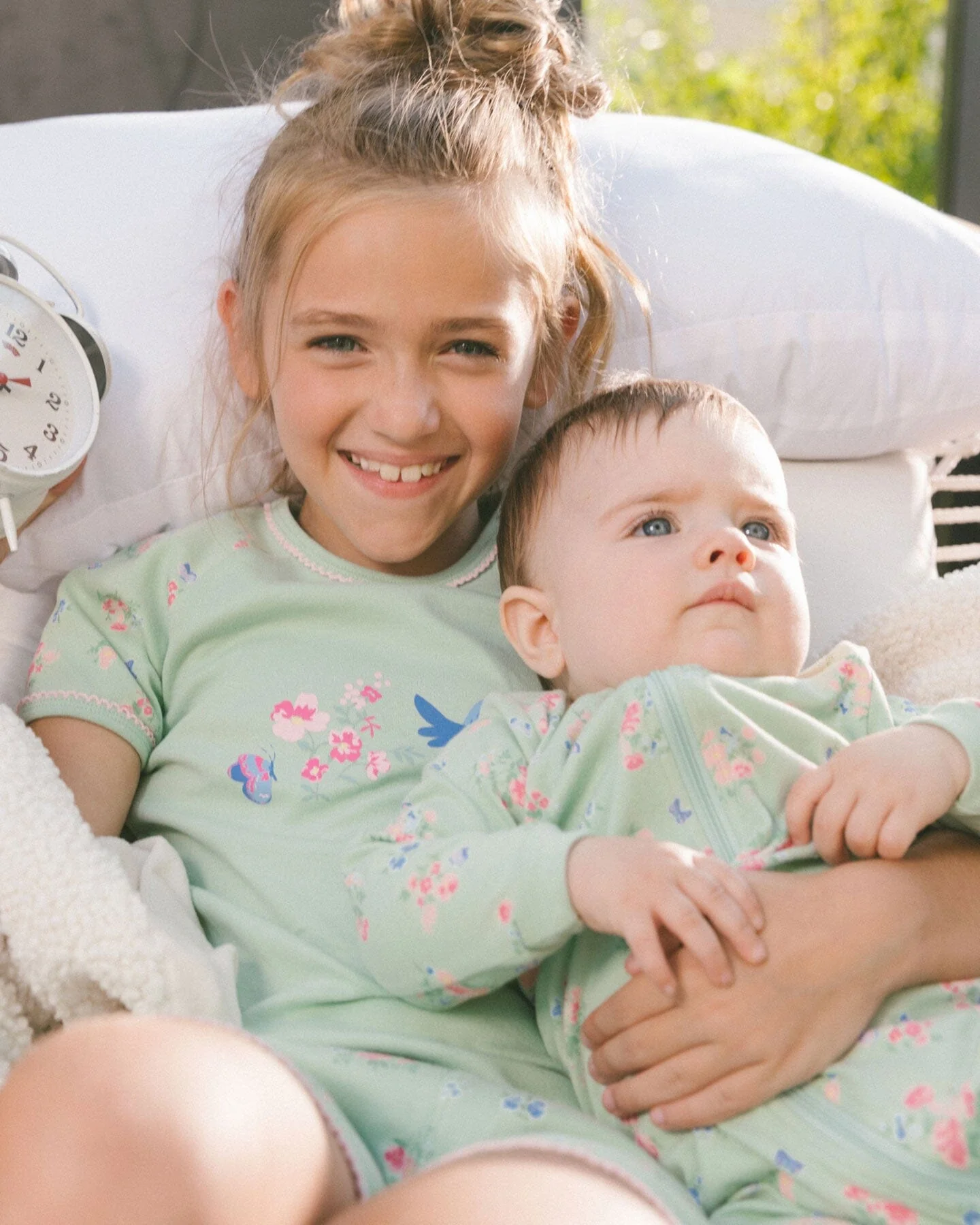 Organic Cotton Two-Piece Short Pajama Set Small Pink And Blue Flowers On Light Sage - Deux par Deux