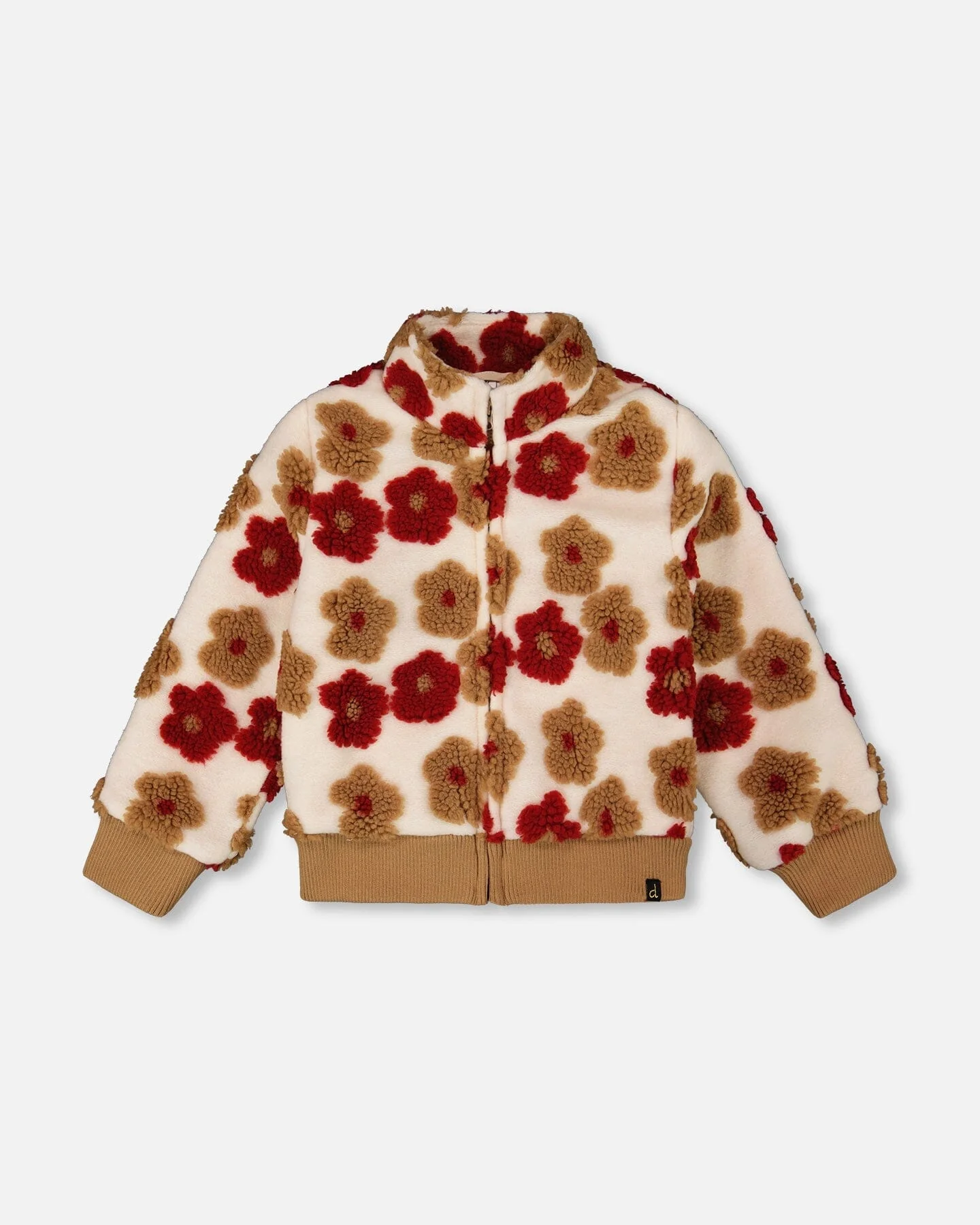 Full Zip Sherpa Jacket With Jacquard Floral Pattern Beige And Red - Deux par Deux