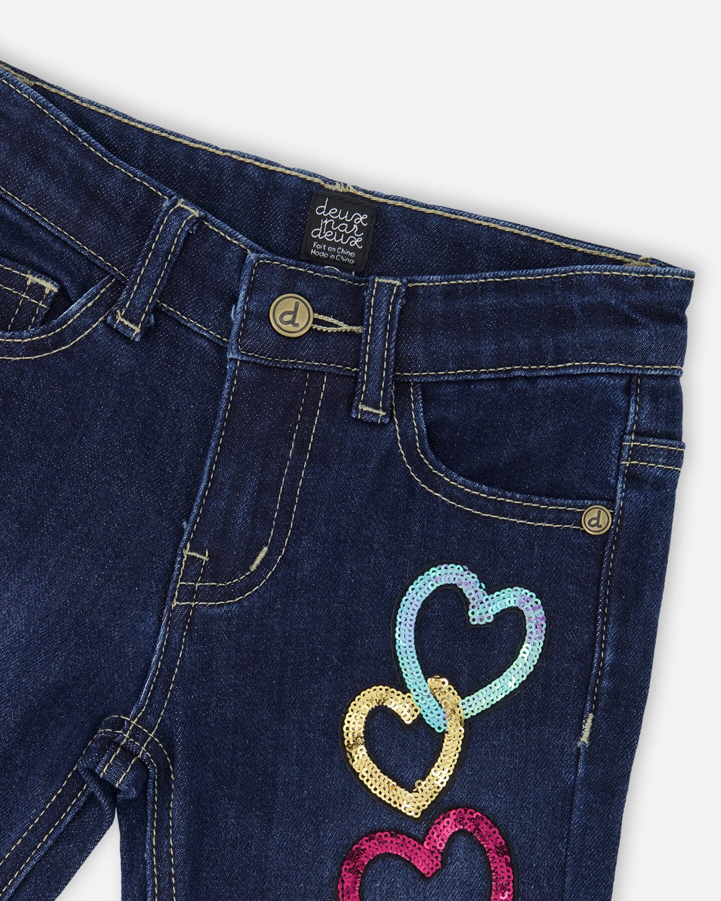 Stretch Jeans Blue Denim With Glittery Hearts - Deux par Deux