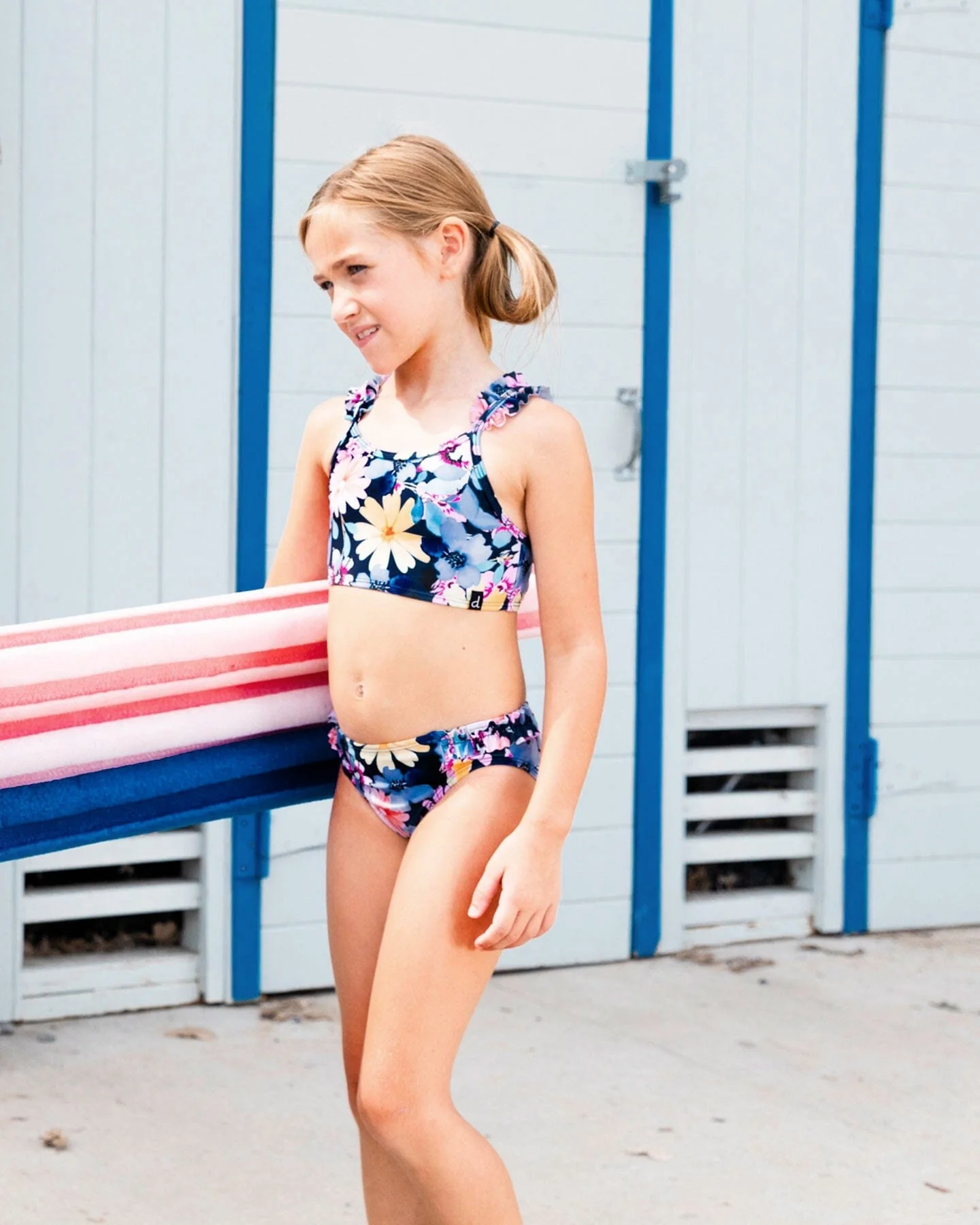 Printed Two-Piece Swimsuit Navy And Yellow And Pink Flowers - Deux par Deux