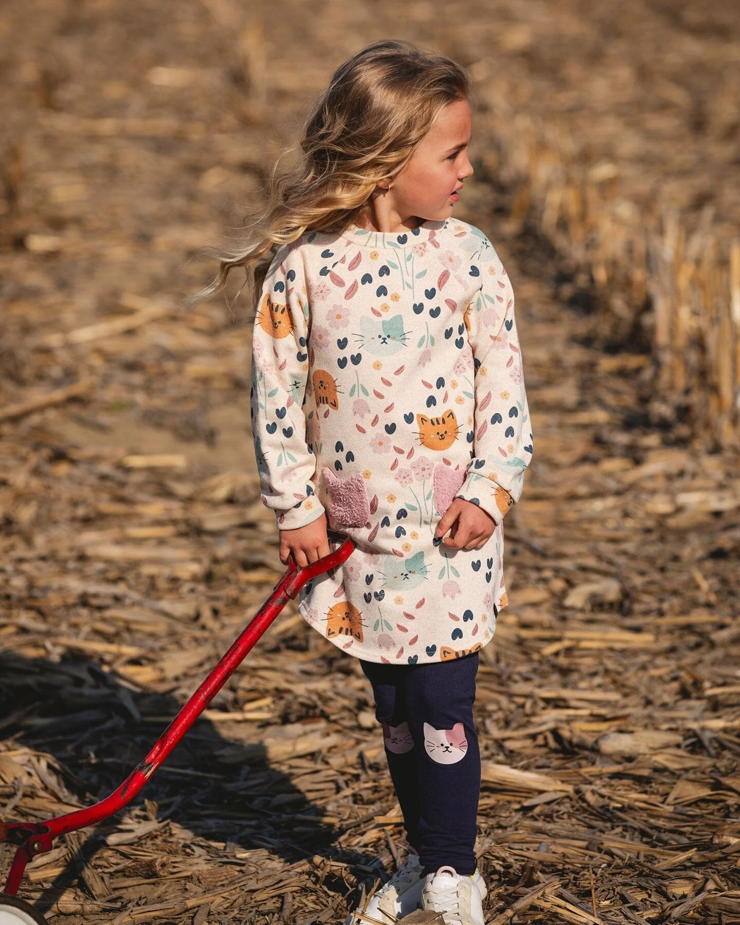 Glittering French Terry Dress Beige Printed Cat - Deux par Deux
