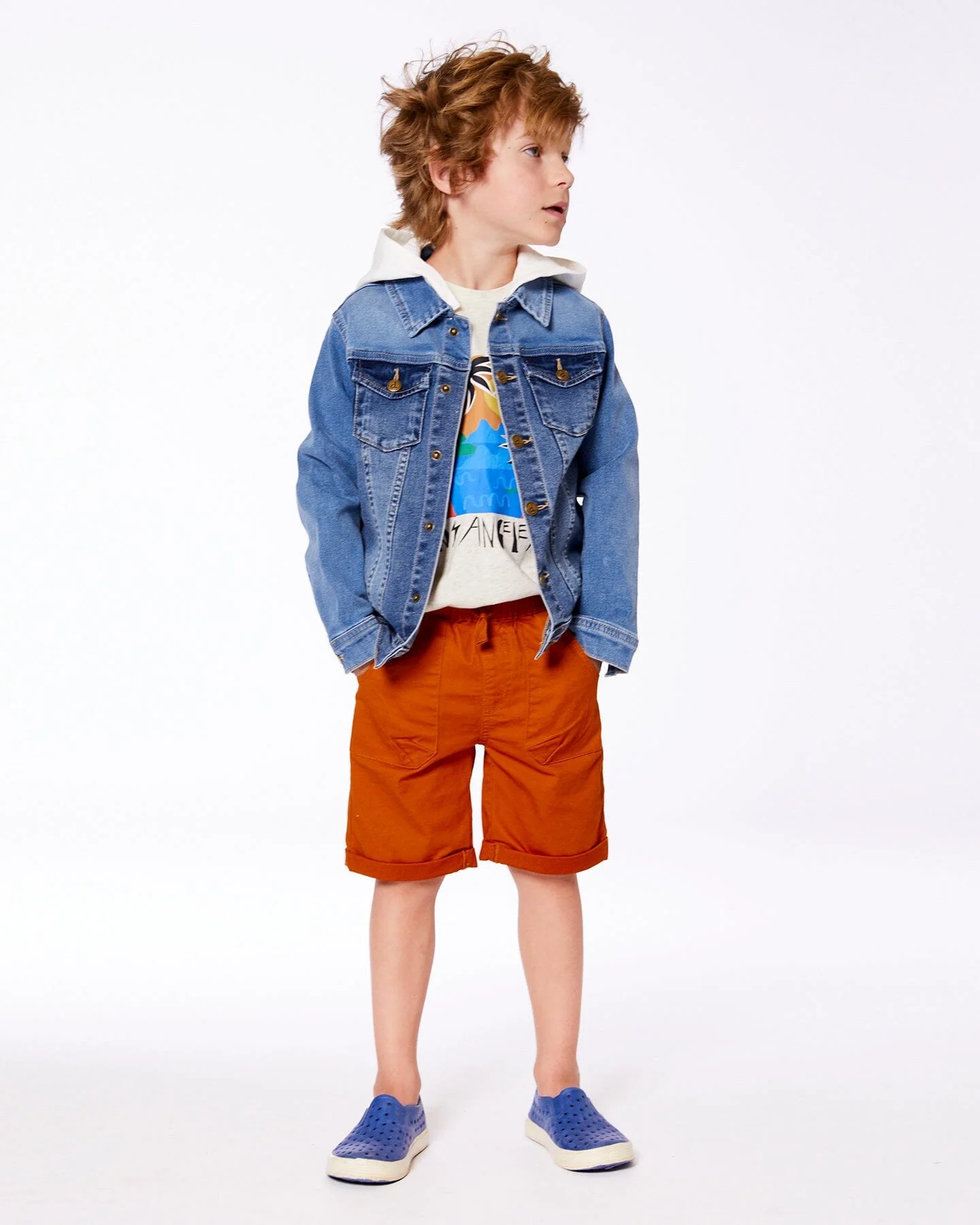 Denim Jacket With French Terry Hood White And Denim Blue - Deux par Deux