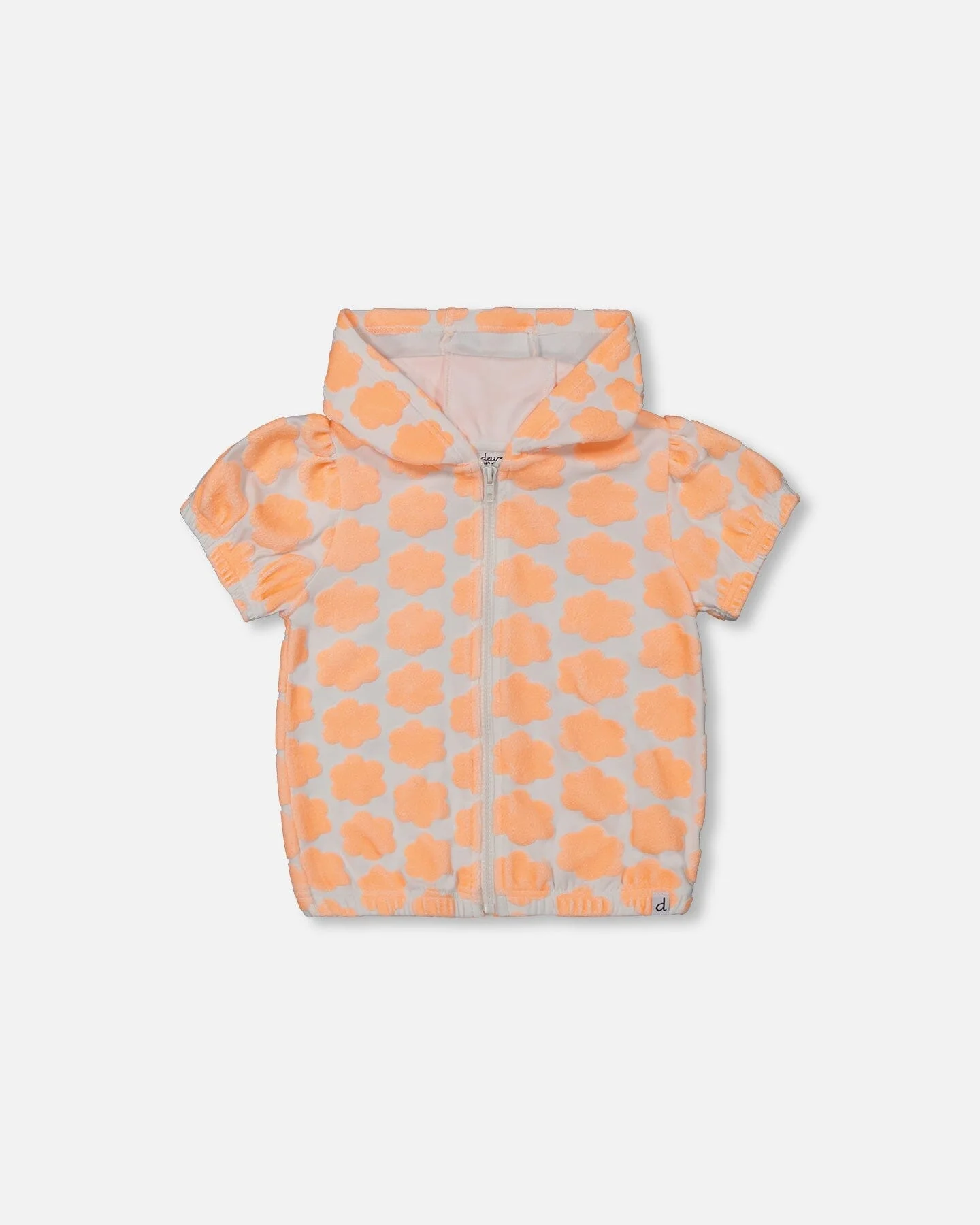 Printed Terry Short Sleeve Hoodie Cardigan Vibrant Orange And White - Deux par Deux