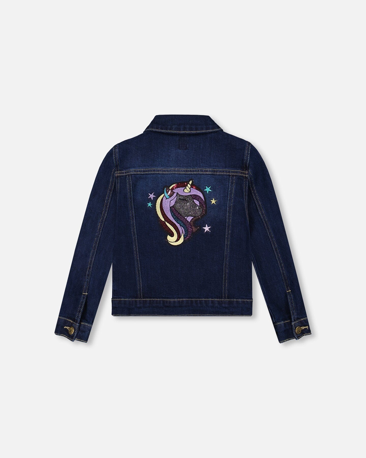Stretch Denim Jacket Dark Blue With Glittery Hearts And Unicorn - Deux par Deux