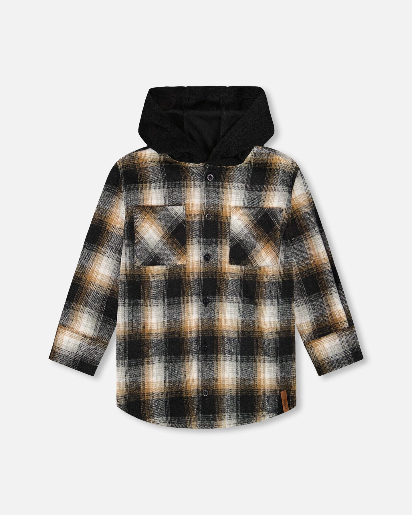 Hooded Polar Fleece Overshirt With Hood Black And Brown Plaid - Deux par Deux