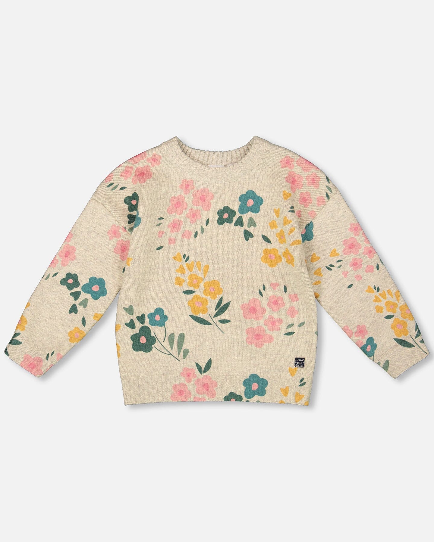 Knitted Sweater Heather Beige Gray With Floral Print - Deux par Deux