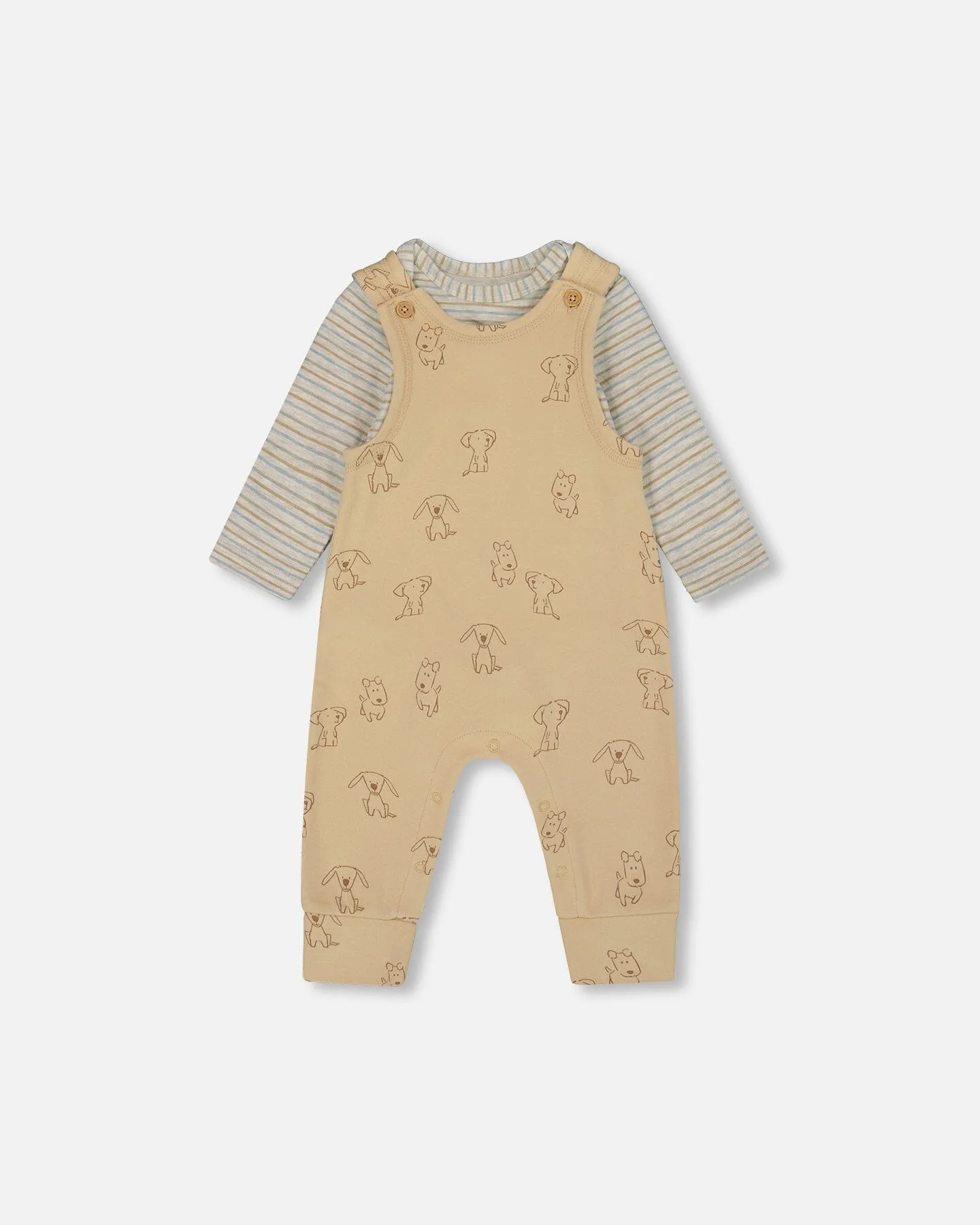 Organic Cotton Onesie With Overalls Set Beige Printed Dogs - Deux par Deux