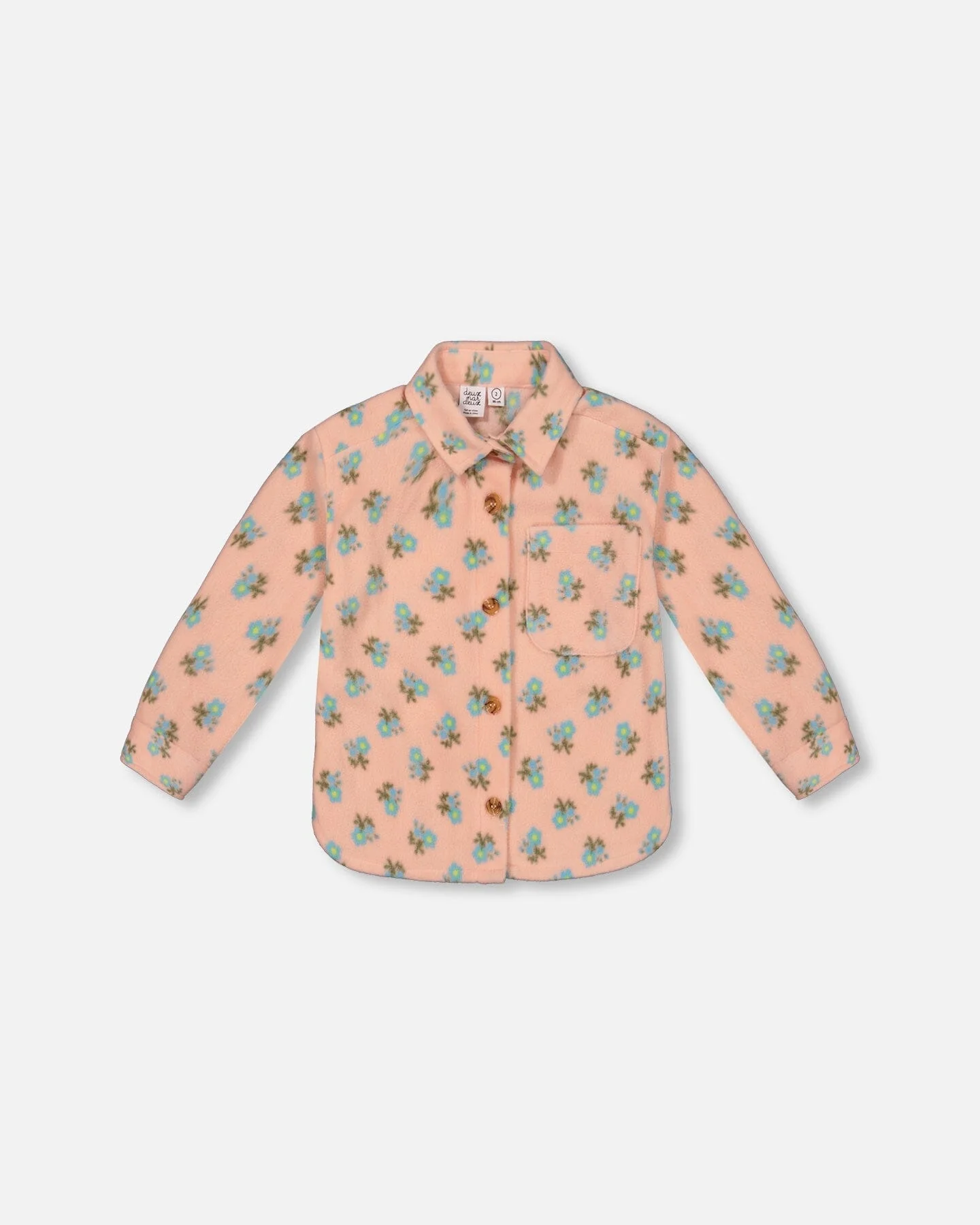 Printed Polar Fleece Shirt Peach With Blue Flowers - Deux par Deux