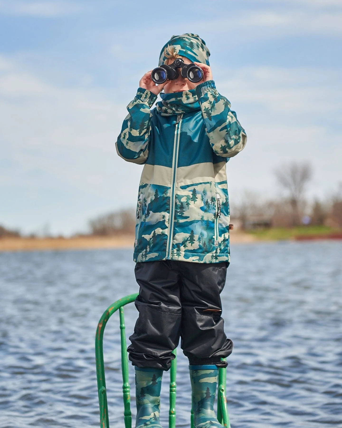 Colorblock Printed Two-Piece Mid-Season Outerwear Set Forest Green With Black Pines - Deux par Deux