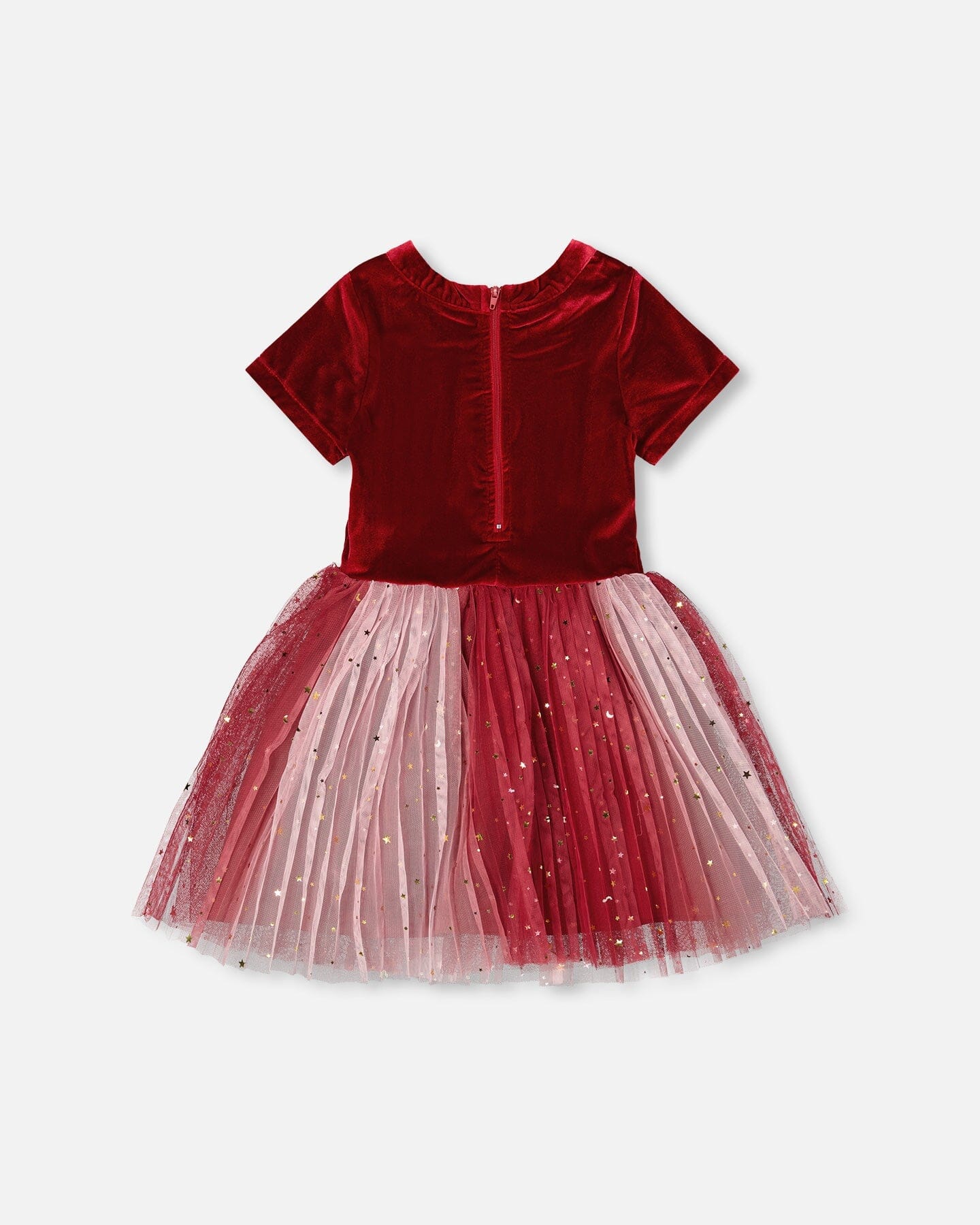 Bi-Material Short Sleeve Party Dress Red - Deux par Deux