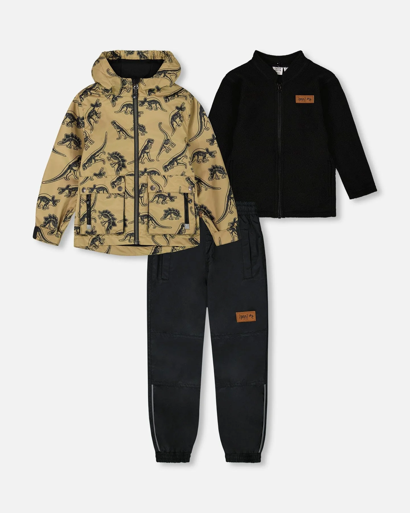 3-In-1 Mid-Season Outerwear Set Black Dinosaur On Beige Background - Deux par Deux