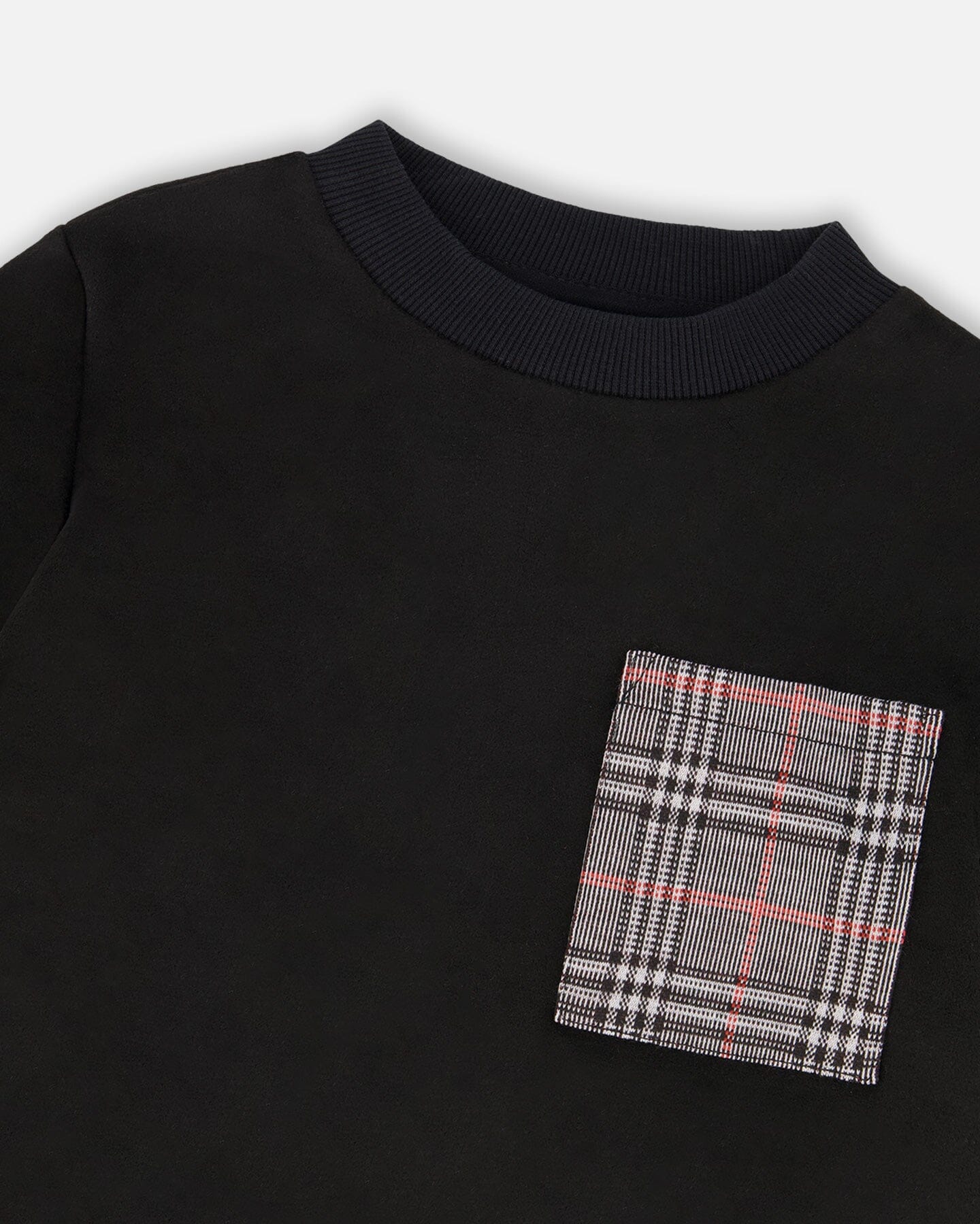 Super Soft Brushed Jersey Long Sleeve Top Black With Plaid Pocket - Deux par Deux