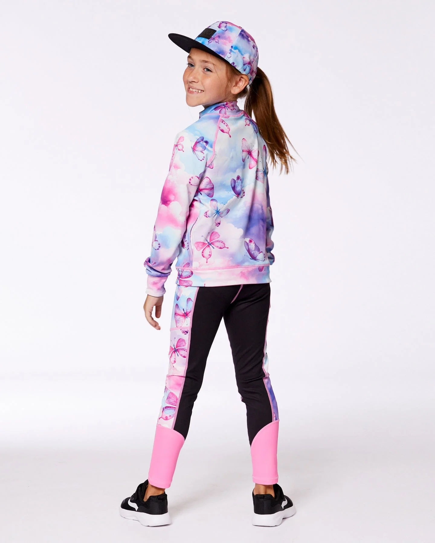 Colorblock Athletic Leggings Black And Multicolored Butterflies - Deux par Deux