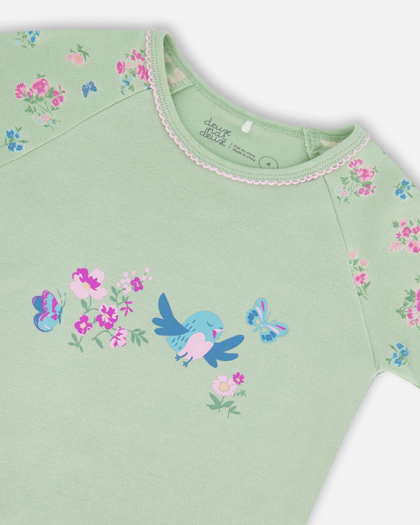 Organic Cotton Two-Piece Short Pajama Set Small Pink And Blue Flowers On Light Sage - Deux par Deux