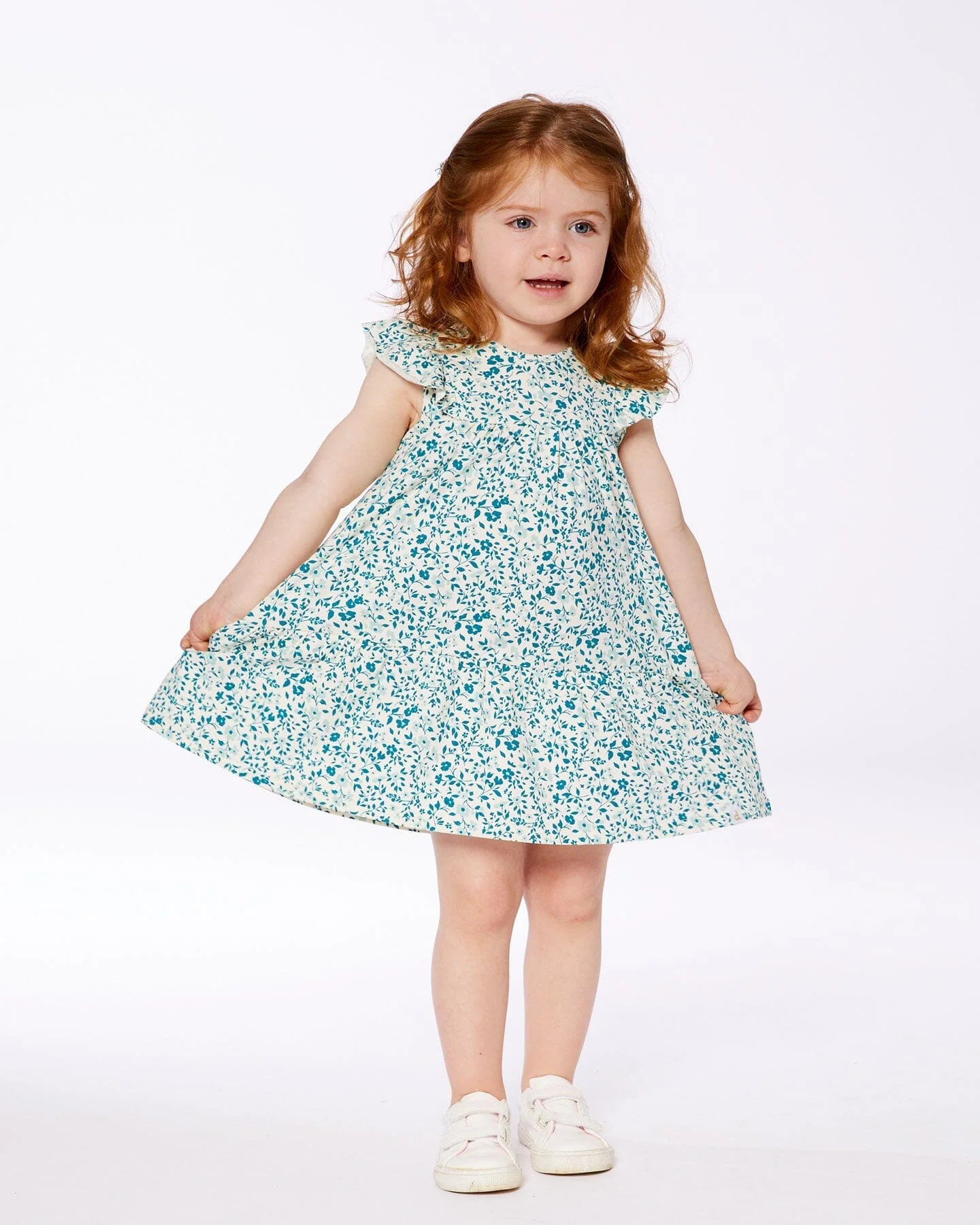 Printed Organic Cotton Dress Small Turquoise Flowers - Deux par Deux