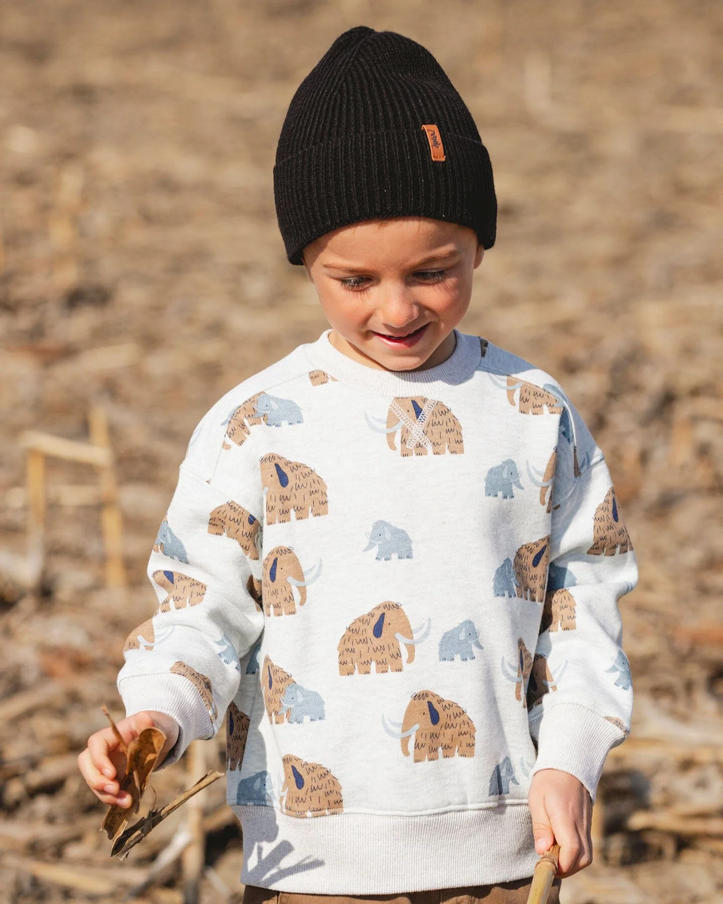 Long Sleeve Crew Neck Fleece Sweatshirt Beige Mammoth Print - Deux par Deux