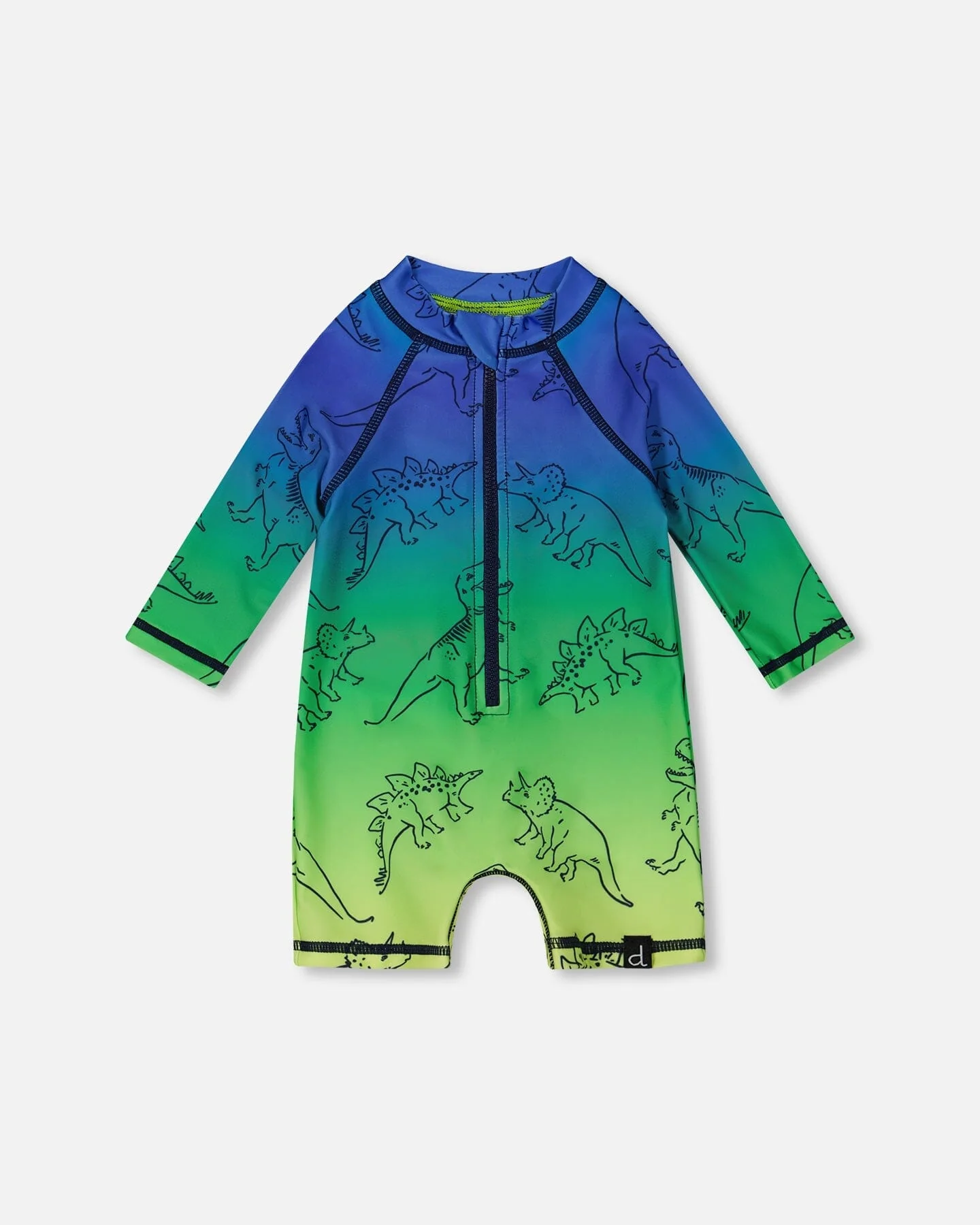 Printed Long Sleeve One-Piece Rashguard Vibrant Blue And Green Dino - Deux par Deux