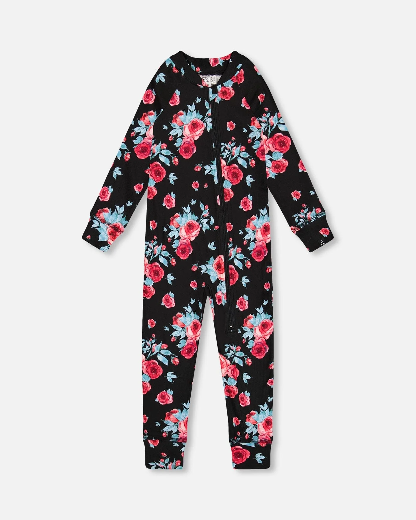 One Piece Thermal Underwear Black Printed Roses - Deux par Deux