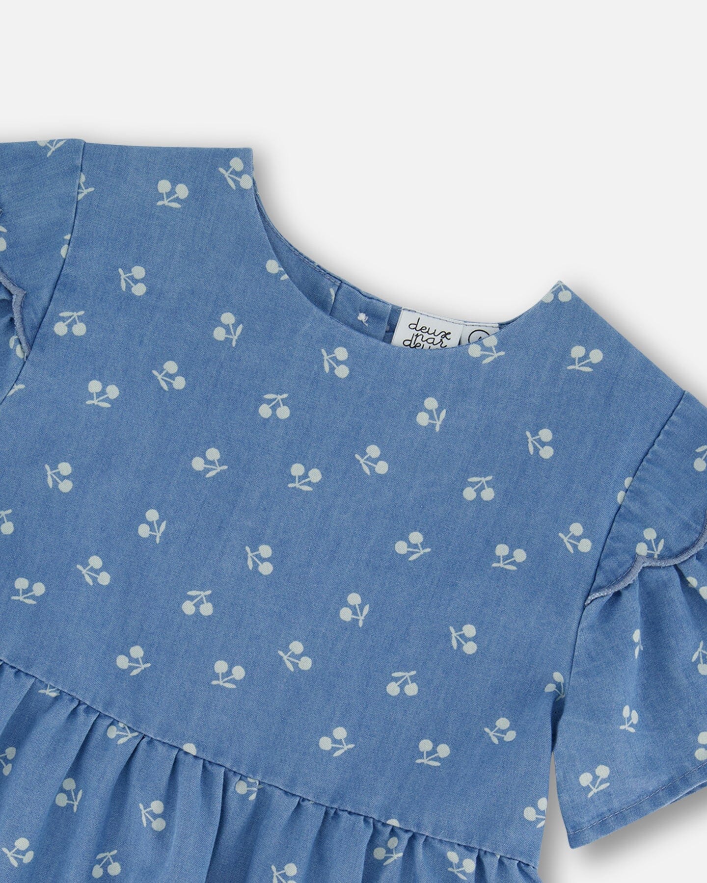 Printed Chambray Dress Blue And White Cherries - Deux par Deux