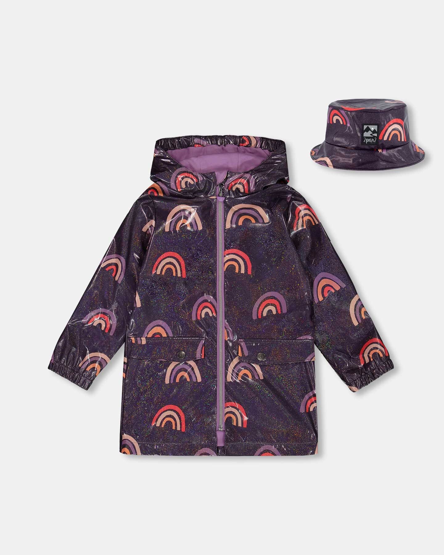 Printed Rain Coat With Hat Rainbow On Shiny Background - Deux par Deux