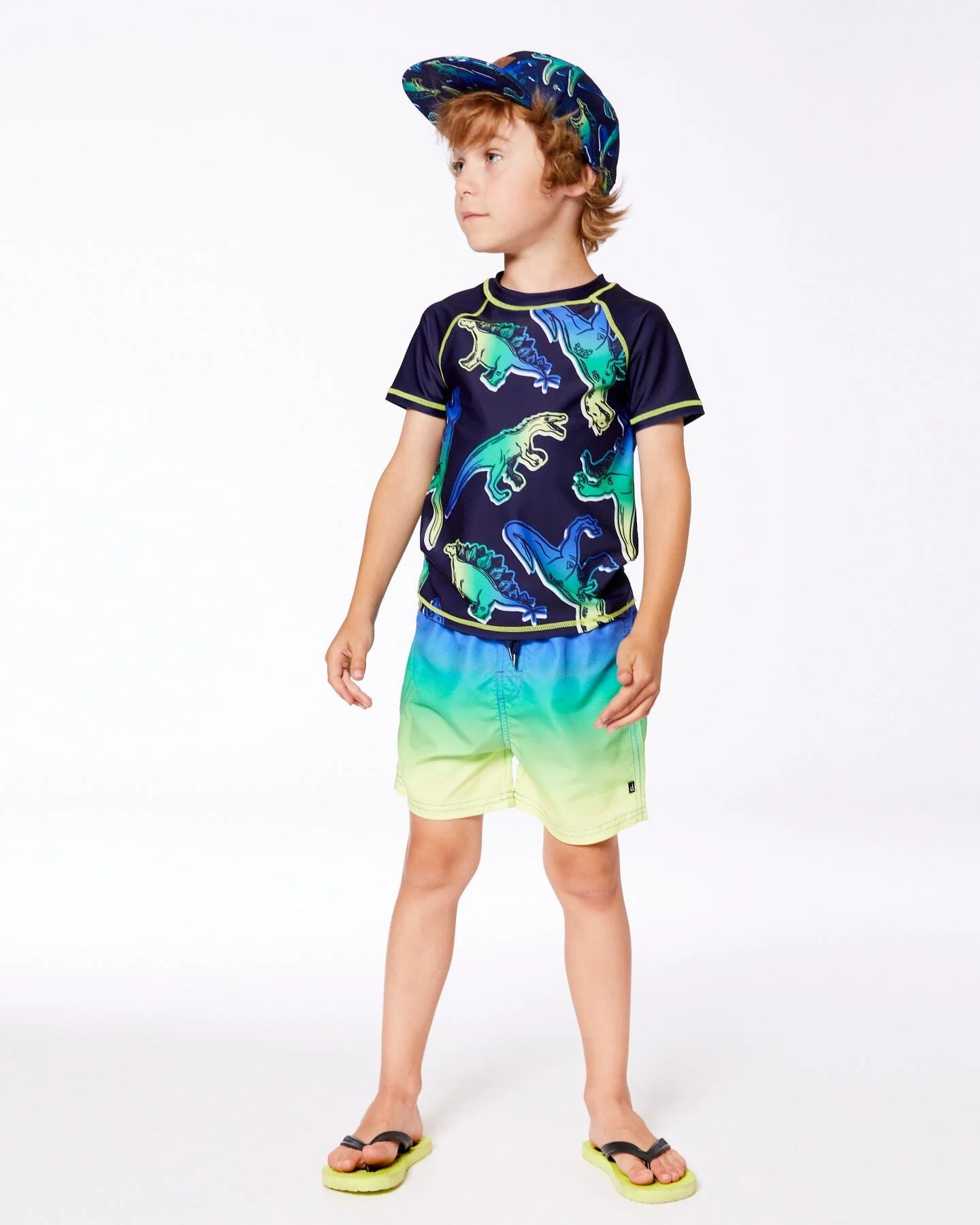 Short Sleeve Rashguard Blue And Green Dino On Navy - Deux par Deux