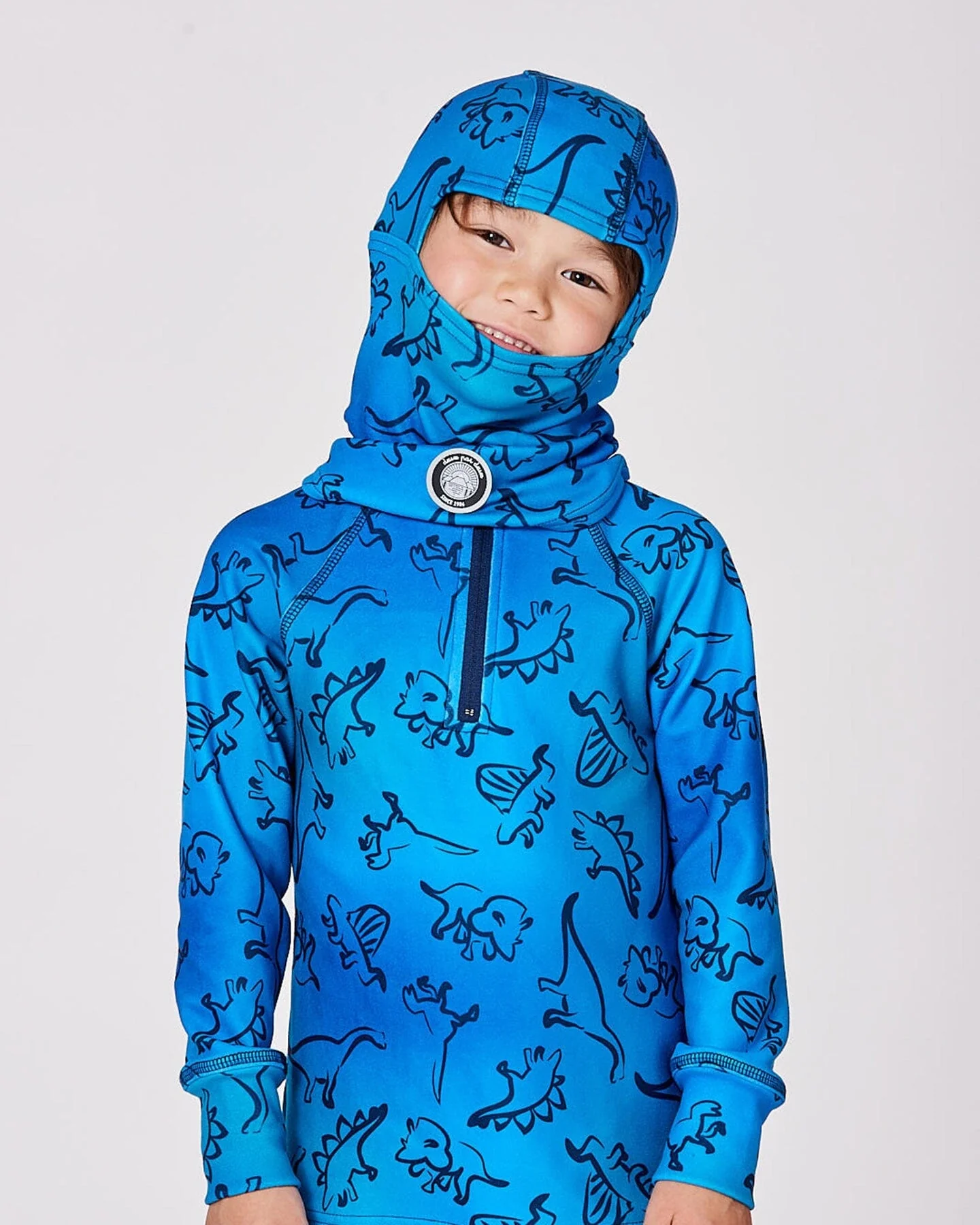 Brushed Jersey Balaclava Blue Gradient Dinosaur Print - Deux par Deux