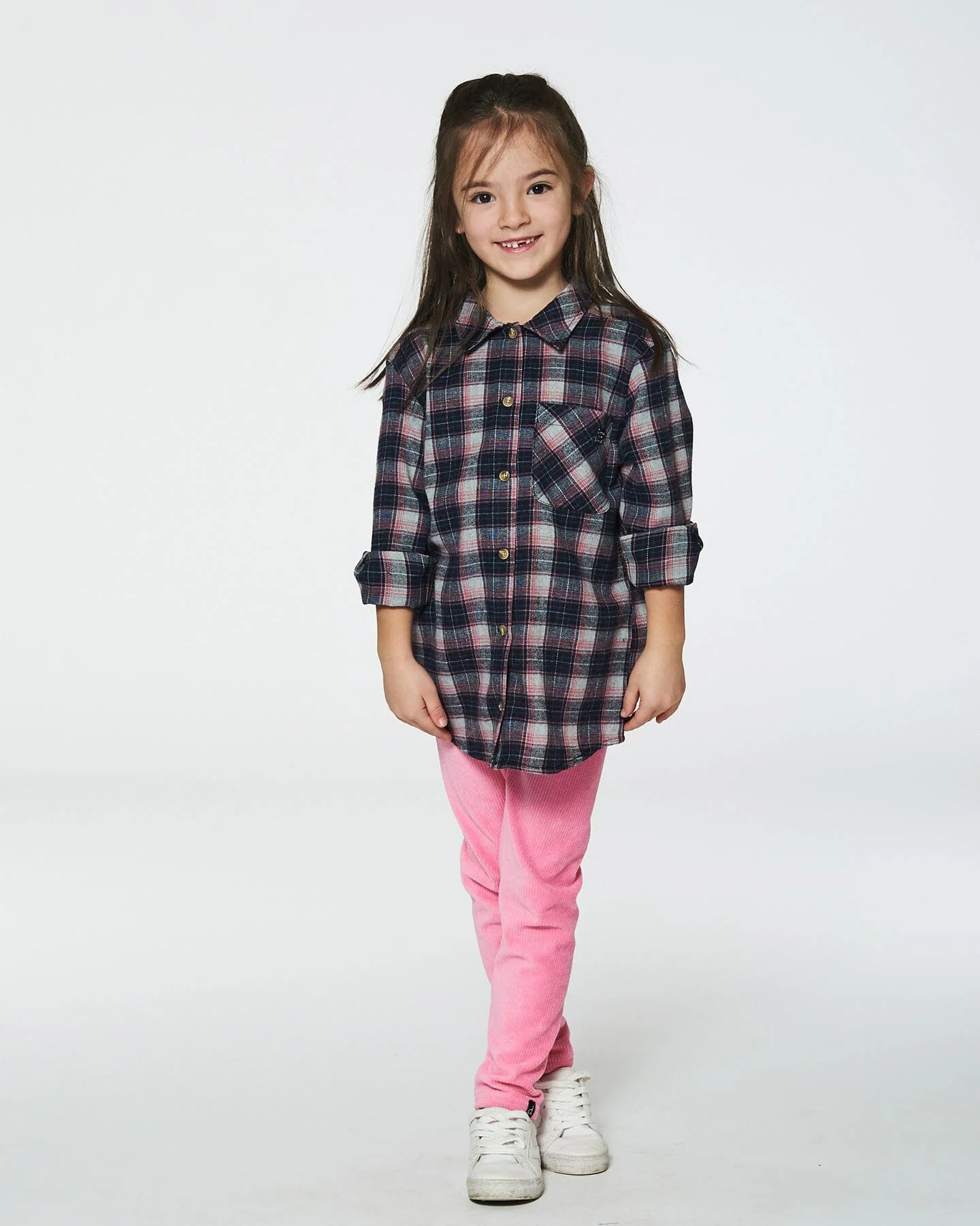 Long Sleeve Button Front Tunic Flannel Shirt Plaid Navy And Pink - Deux par Deux