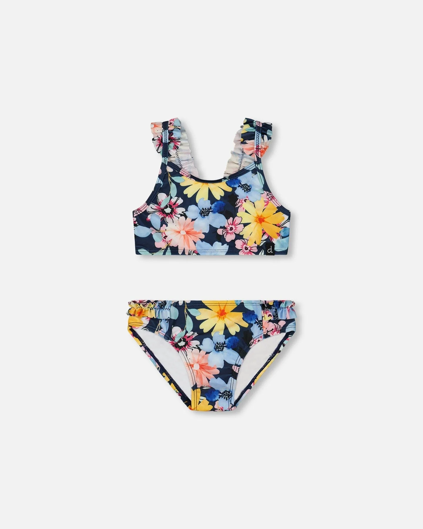 Printed Two-Piece Swimsuit Navy And Yellow And Pink Flowers - Deux par Deux