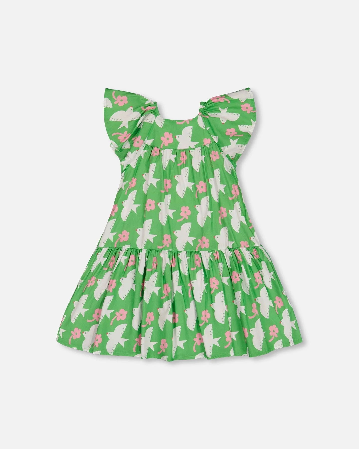 Printed Dress With Flounce Sleeves Green With White And Pink Bird - Deux par Deux